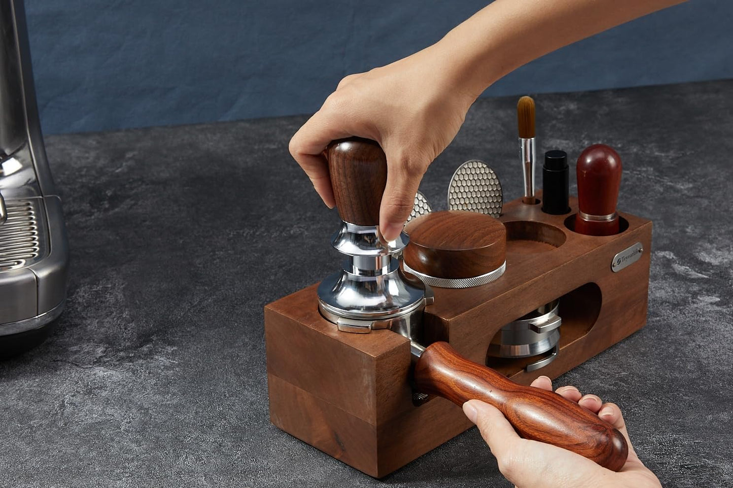Teyearlife 53.3mm Calibrated Espresso Tamper for Breville 54mm Portafilter, 30lb Spring Loaded Auto-Leveling Tool with Ripple Base & Walnut Handle to Prevent Channeling