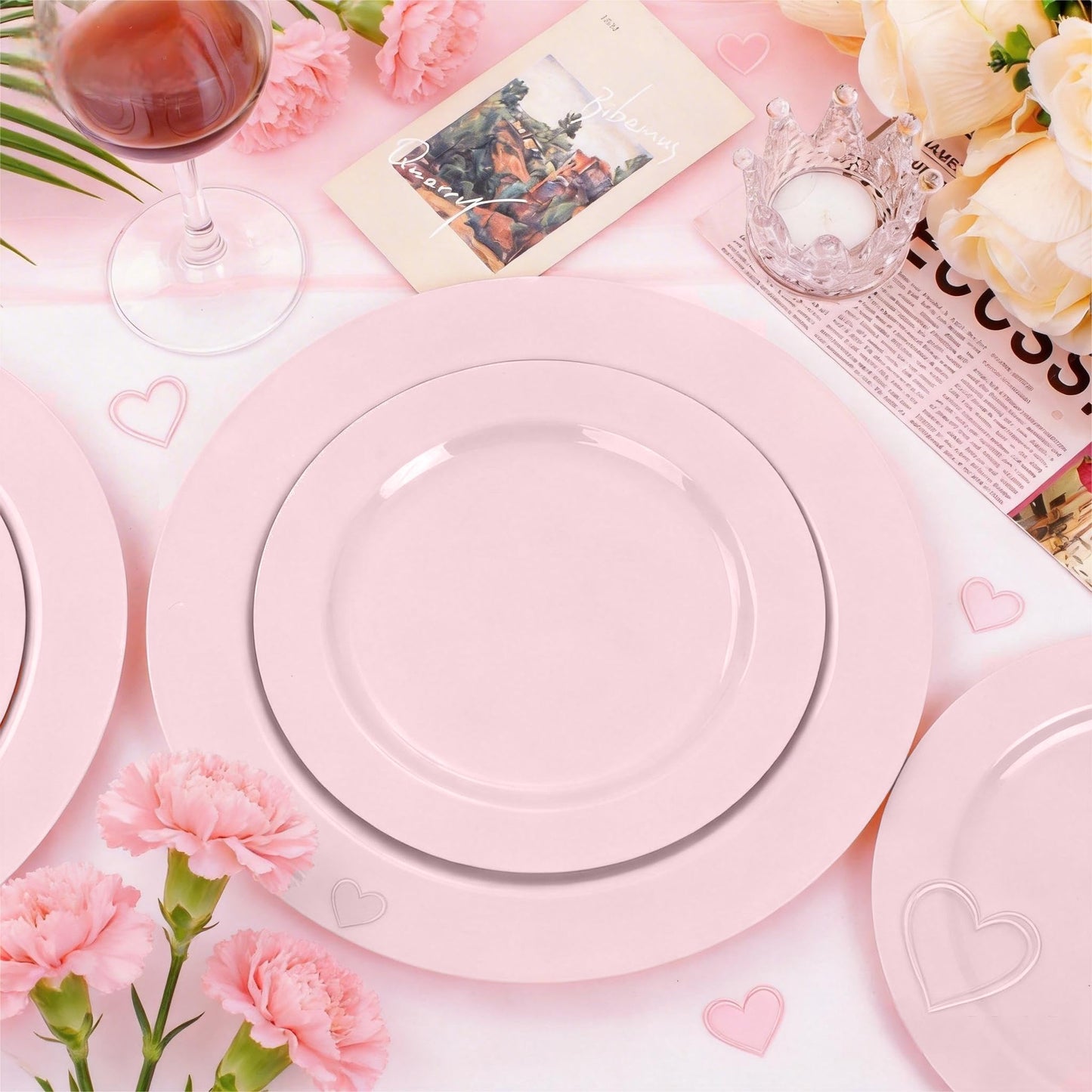 FLOWERCAT 100PCS Pink Plastic Plates - Heavy Duty Pink Party set Disposable serve for 50 guests -10 inch Dinner + 7 inch Dessert/Salad Plates for Easter,Birthday Party,Mother's Day