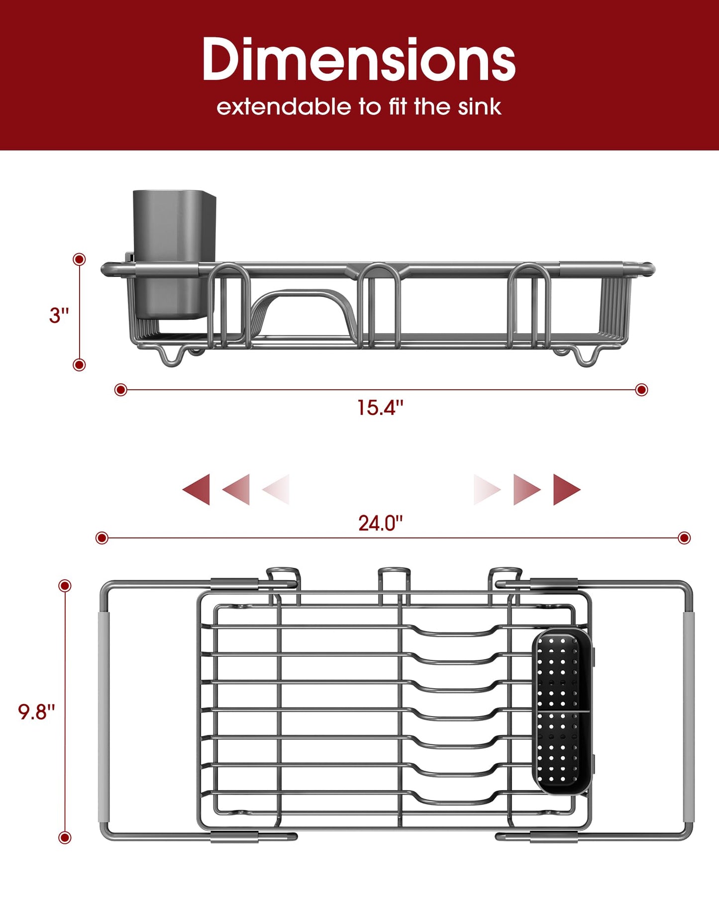 Sakugi Dish Drying Rack in Sink - Expandable Stainless Steel Dish Rack Over the Sink, Kitchen Sink Drain Strainer with Cutlery Holder & Cup Holders, 15.4 x 9.8 x 3.0 Inch, Grey