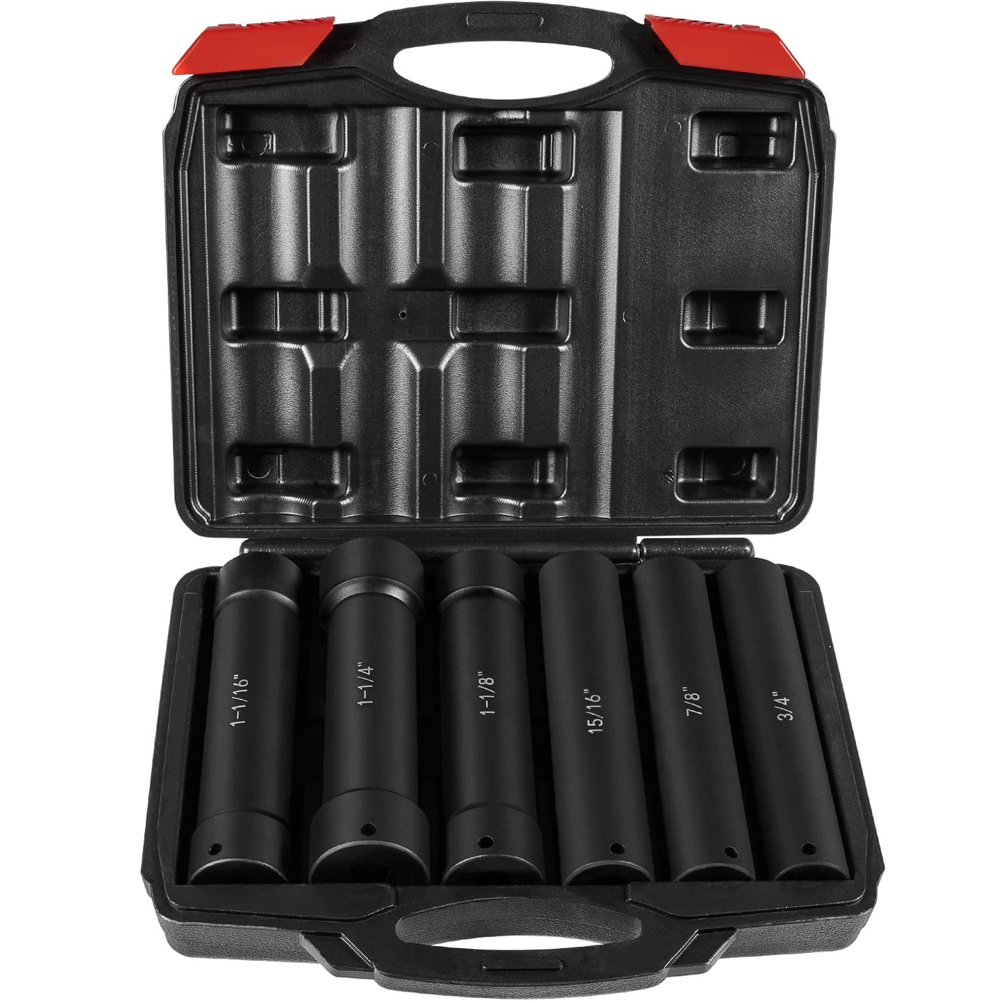 1/2 Inch Drive Extended Length Impact Socket Set 6 Sizes - Hex Sizes 3/4", 7/8", 15/16", 1-1/16”, 1-1/8", 1-1/4"Extra-Deep Length Extra-Deep Impact Set Heavy Duty with Case