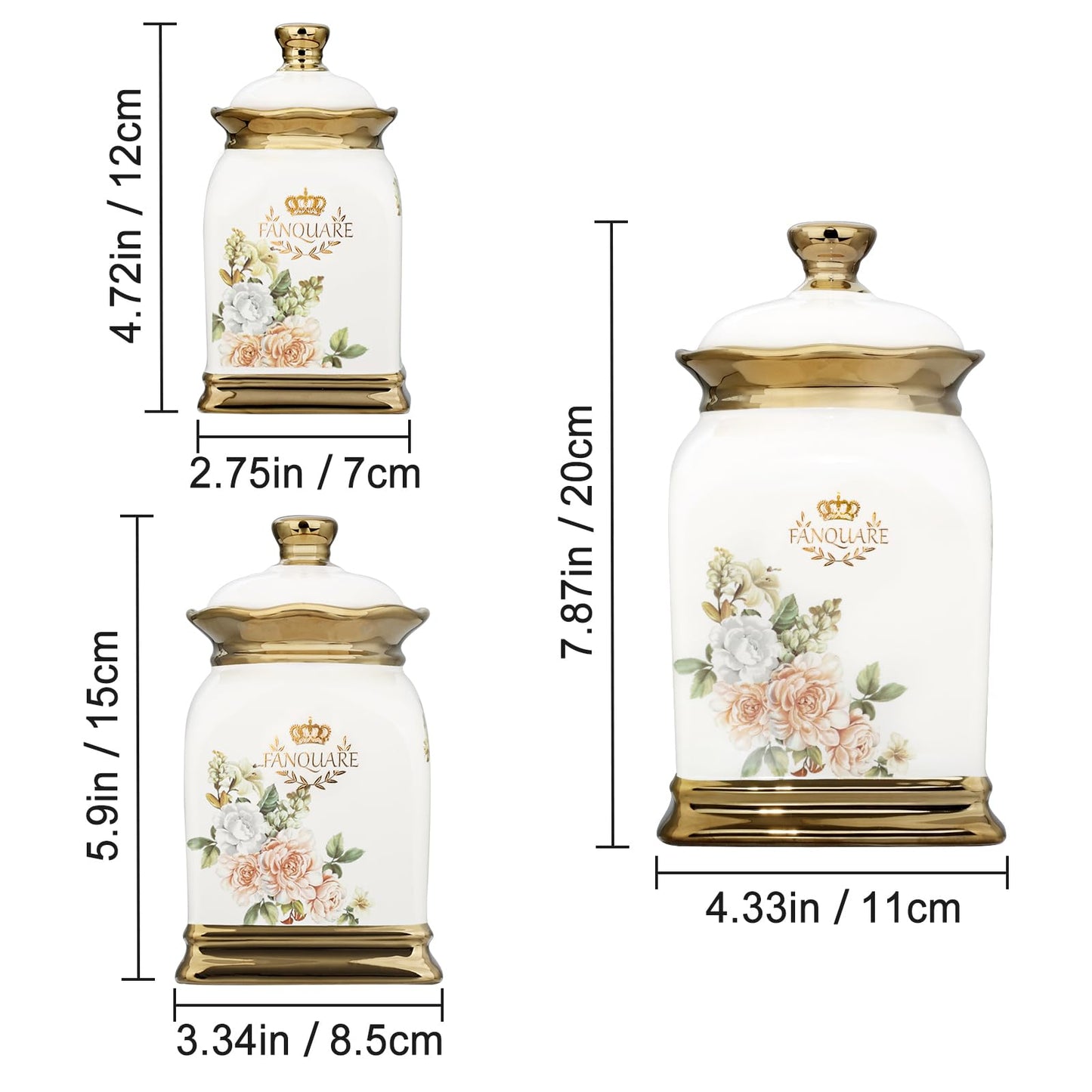 fanquare Floral Canisters with Gold Trim, Ceramic Decorative Countertop Jars, Farmhouse Porcelain Cookie Jar and Sugar Bowl Set with Airtight Lid