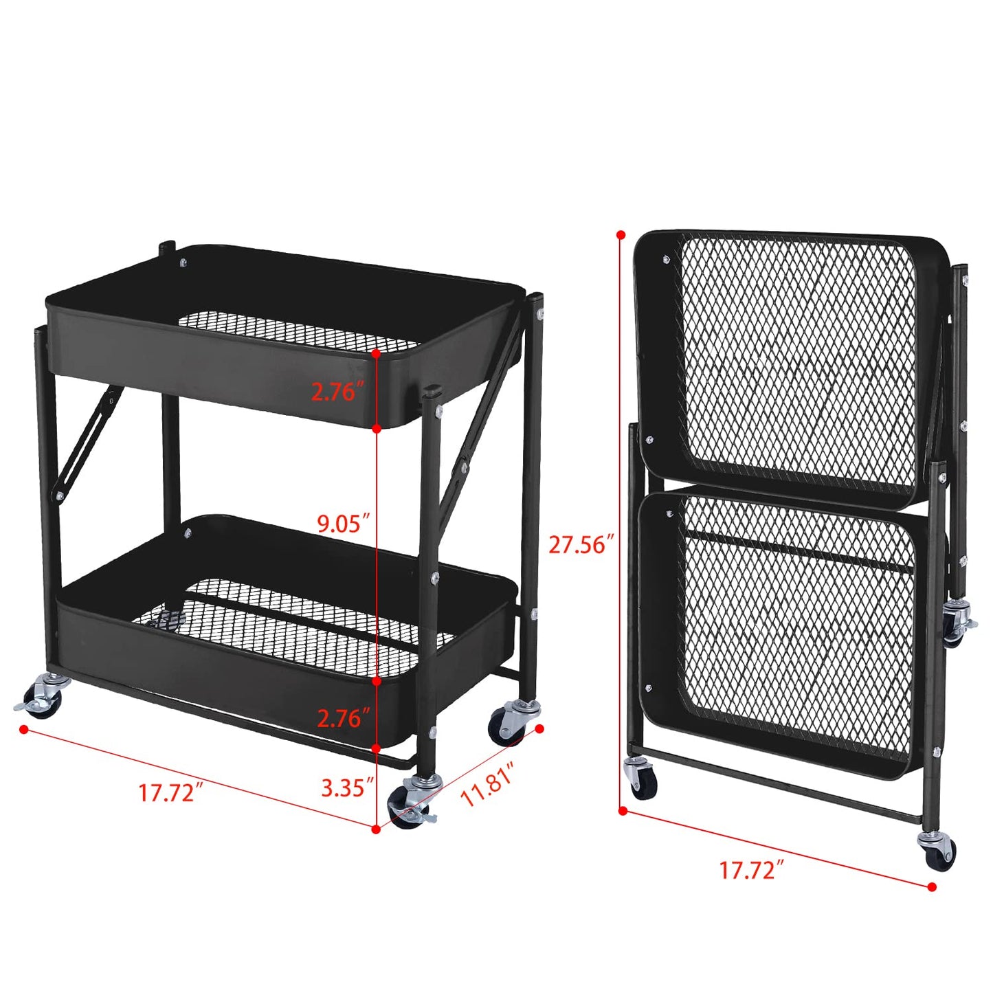 Melody House 2-Tier Metal Folding Rolling Cart, Mobile Utility Cart Trolley Storage Organizer for Office Home Kitchen Organization, Sofa Side End Table with Wheels, Black