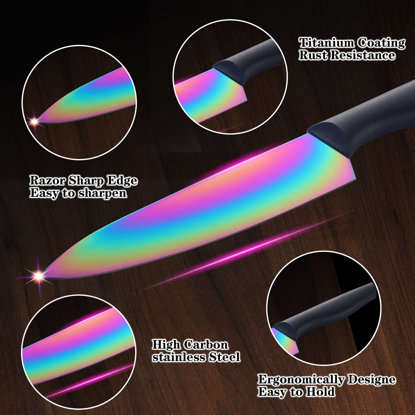 Marco Almond Knife Set with Block, 14 Piece Rainbow Titanium Knife Block Set, KYA25 Cooking Steak Knives set with Black Handle.