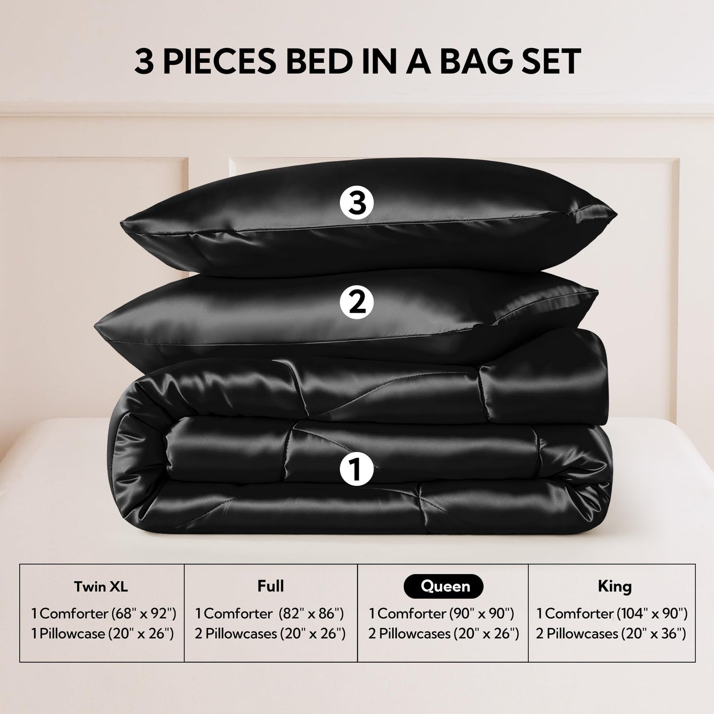 MR&HM Queen Comforter Set Black, Reversible Satin Microfiber Comforter Set for All Seasons, 3 Pieces Non-Slip Silky Soft Bedding Sets with 1 Comforter (90"x90") and 2 Pillowcases (20"x26")