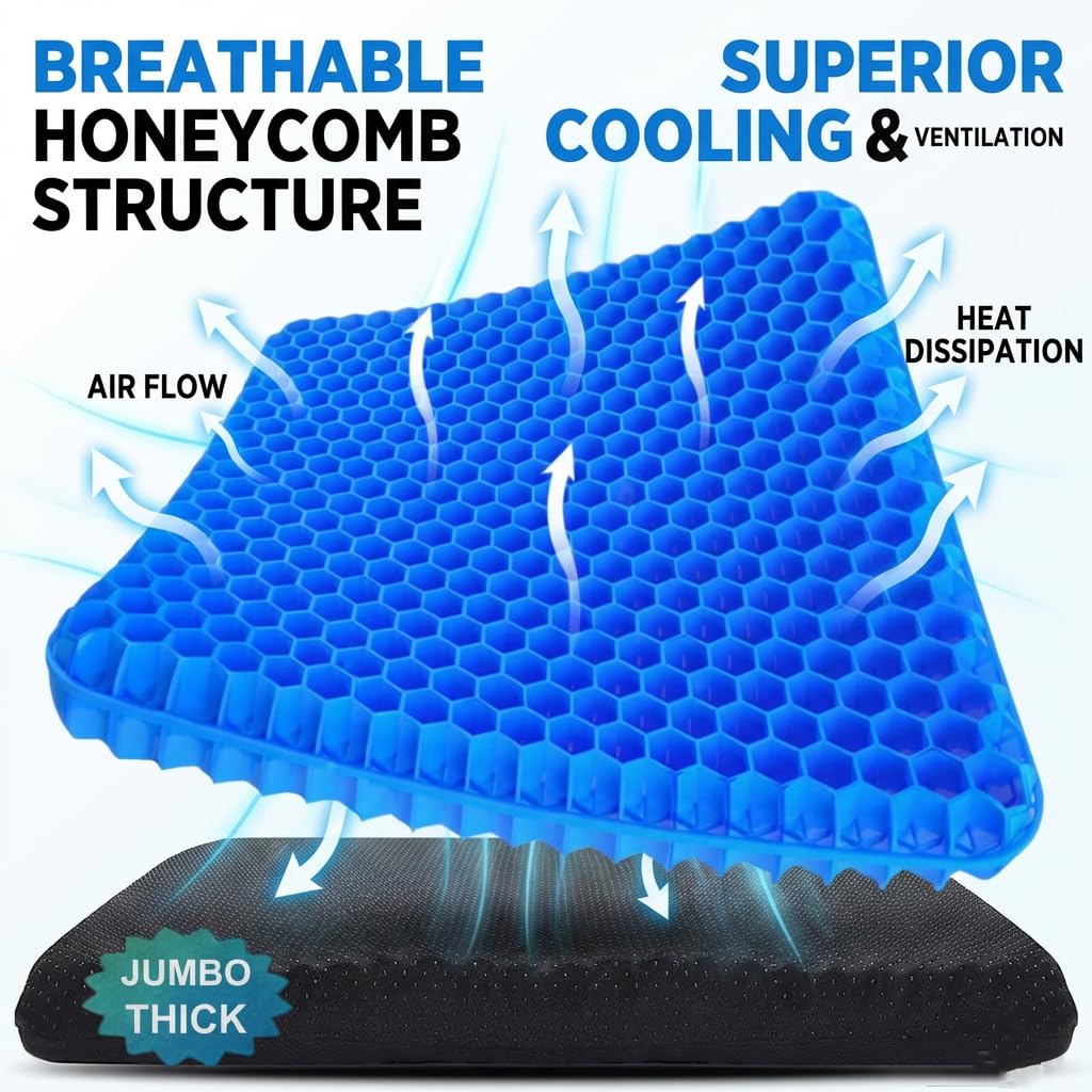 VEADONS Jumbo Gel Seat Cushion for Long Sitting, 20x20x1.9 inch Thick Honeycomb Wheelchair Cushion for Hip & Back Pain Relief, Breathable Non-Slip Chair Pad for Office, Car & Recliner