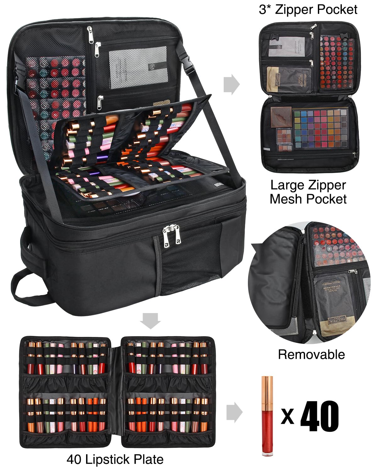 Makeup Backpack Makeup Artist Bag Professional Makeup Bag Extra Large Makeup Case Travel Train Case Storage Organizer Large Capacity Cosmetic Case with 4 Small Bag (Black, Large)