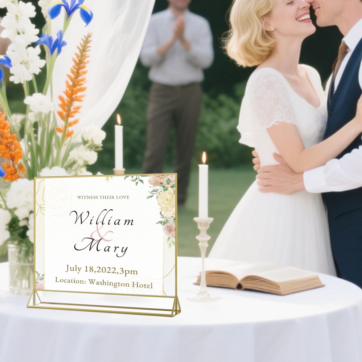 Cptoion 6 Pack Acrylic Sign Holders with Golden Border,11x 8.5 Horizontal Acrylic Sign Holder,Clear Picture Frames,Double Sided Table Menu Holders for Wedding Table Number Office Desktop Photos Display