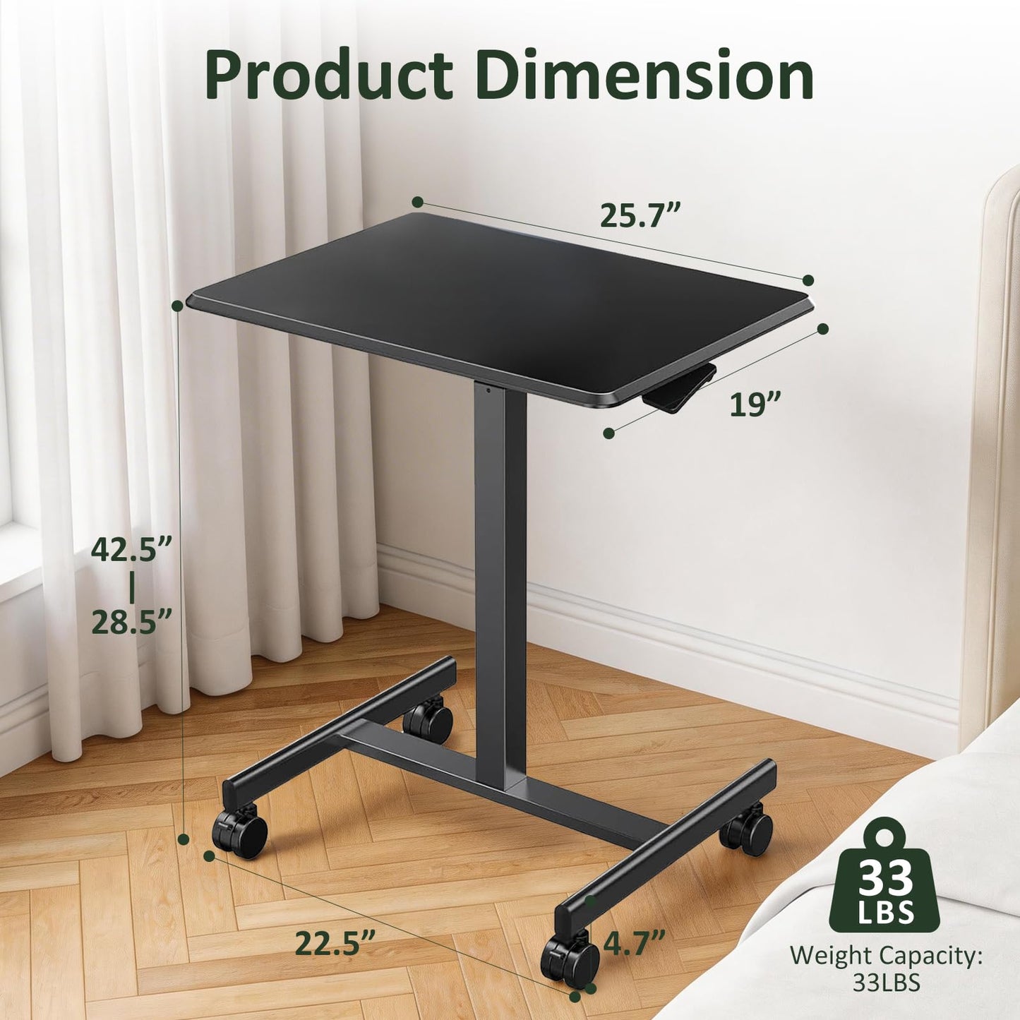 SageNest Adjustable Mobile Standing Desk, Rolling Sit-Stand Laptop Desk with Locking Wheels, Compact Portable Computer Table for Home Office or Dorm, Black