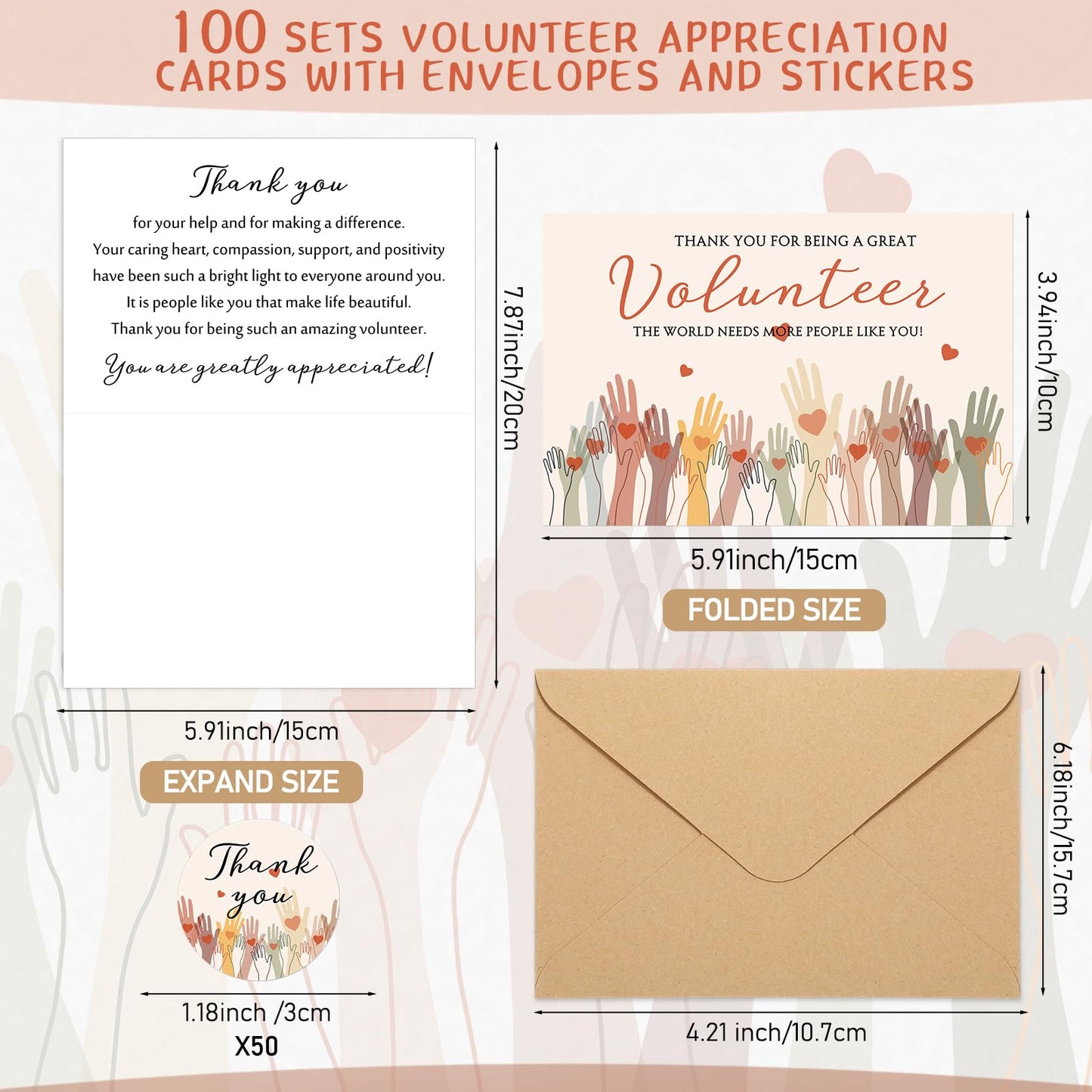 Sinload 100 Sets Volunteer Thank You Cards with Envelopes and Stickers Appreciation Gifts Bulk You Are Greatly Appreciated Cards for Volunteers Church Ministry Charity Supplies