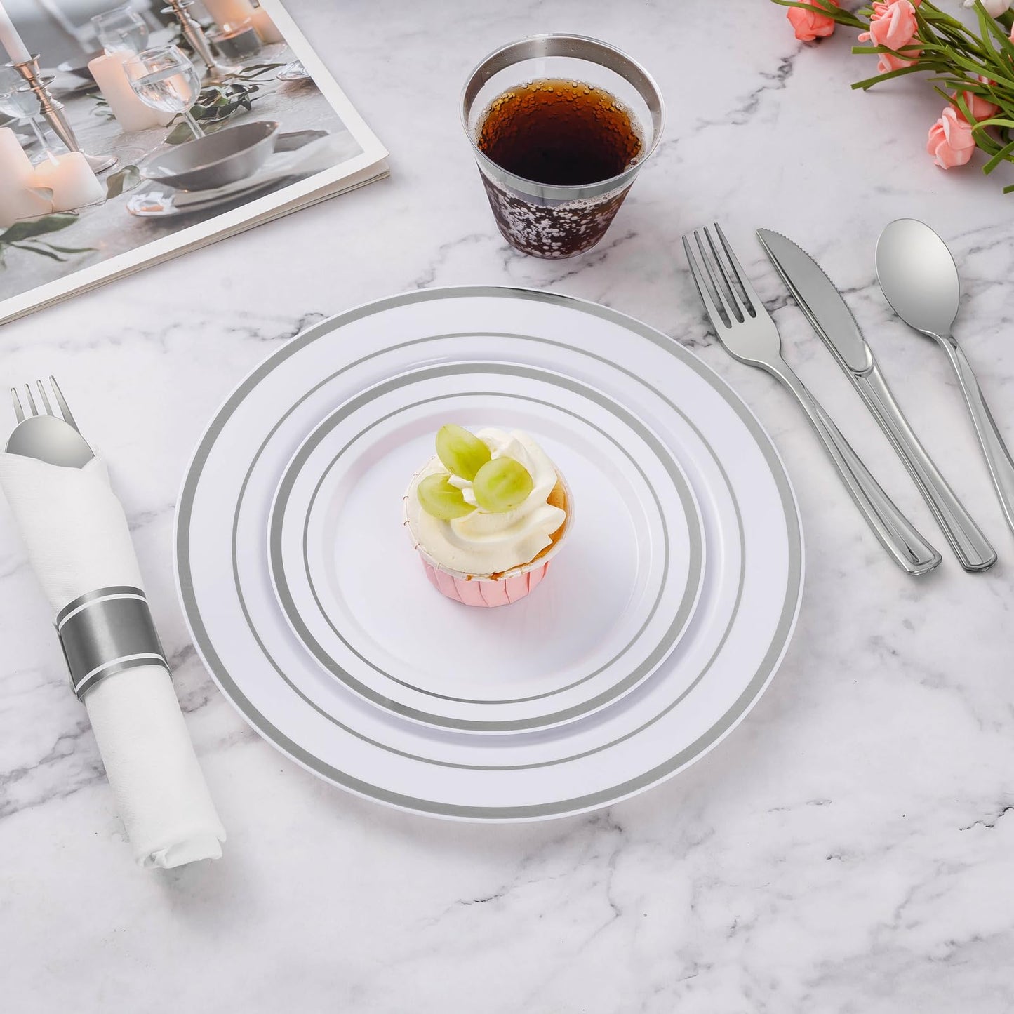Goodluck 100 Pack Pre Rolled Silver Plastic Silverware, Wrapped Plastic Cutlery Set with Napkin Include 100 Forks, 100 Knives, 100 Spoons and 100 Napkins, Disposable Silverware for Party, Wedding