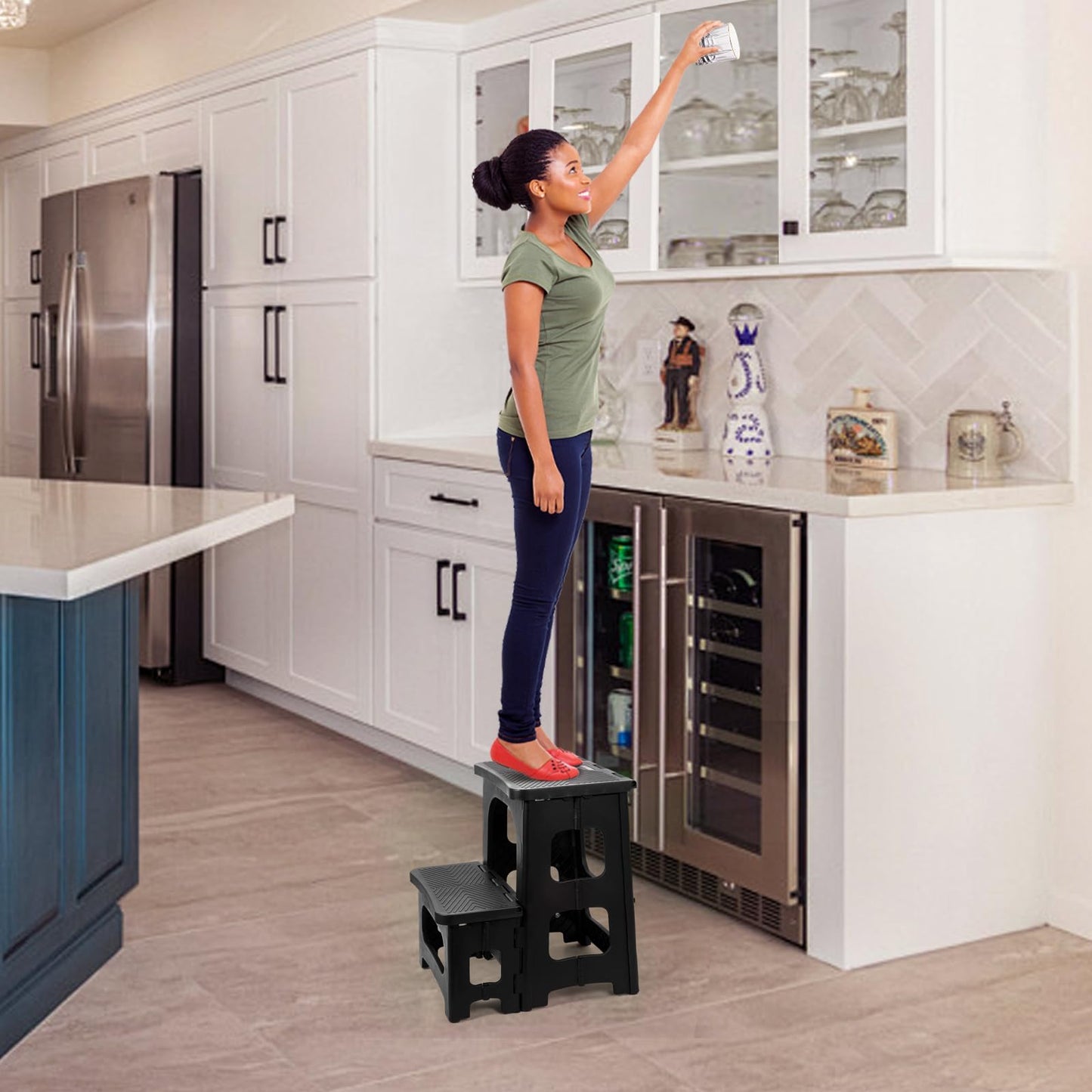 Ligebul 2-Step Stool Foldable, Plastic Steps Stool Folding Step Ladder Two Step Stools Collapsible Step Stools for Adults for Kitchen Home Bathroom RV-Black