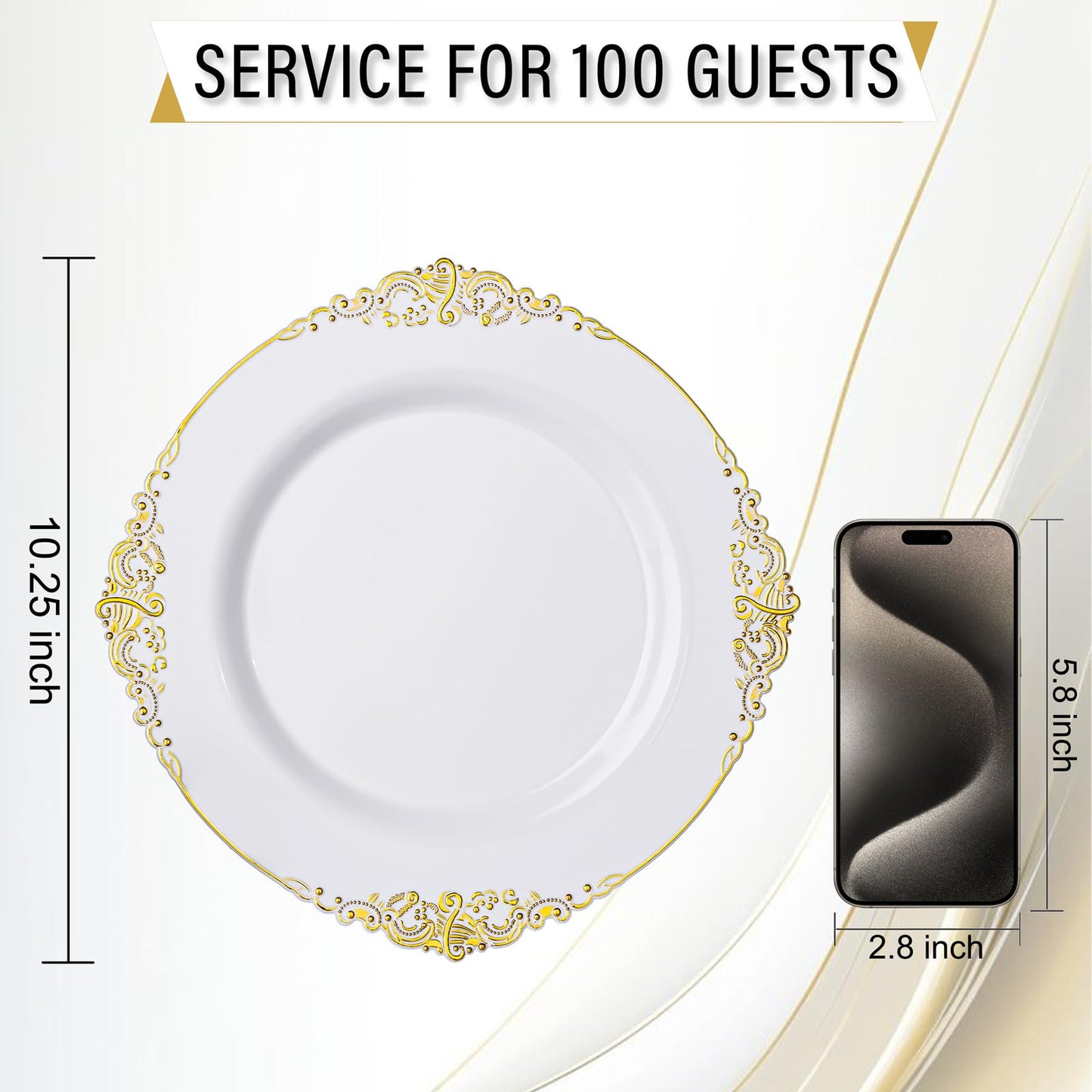Nervure 100Pcs White and Gold Plastic Plates - 10.25Inch Gold Disposable Plates - Heavyweight Dinner Plate for Wedding & Party