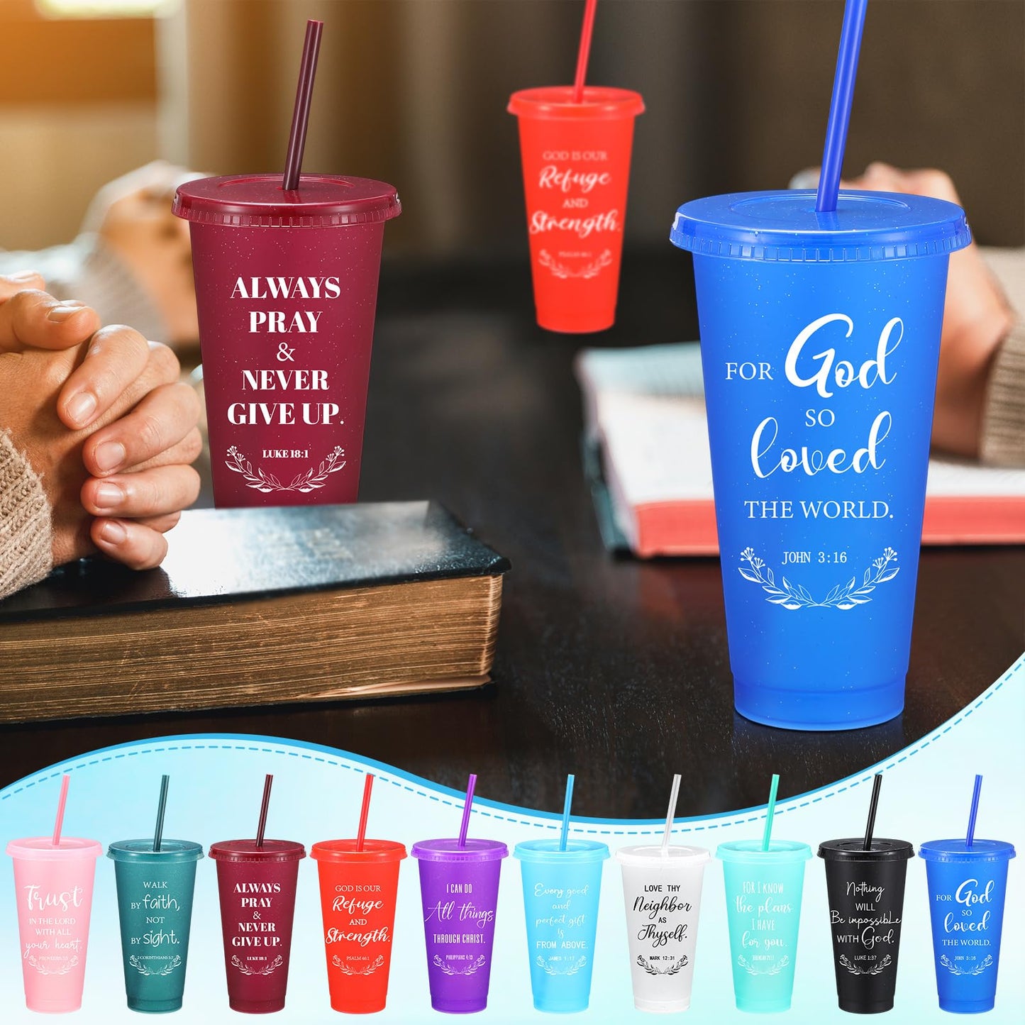 Skylety 40 Sets Christian Plastic Tumblers with Lids Straws Bulk Father' Day 24oz Bible Verse Cups, Reusable Christian Cup Religious Church Gift for Vbs Sunday School Party Baptism (Stylish Color)