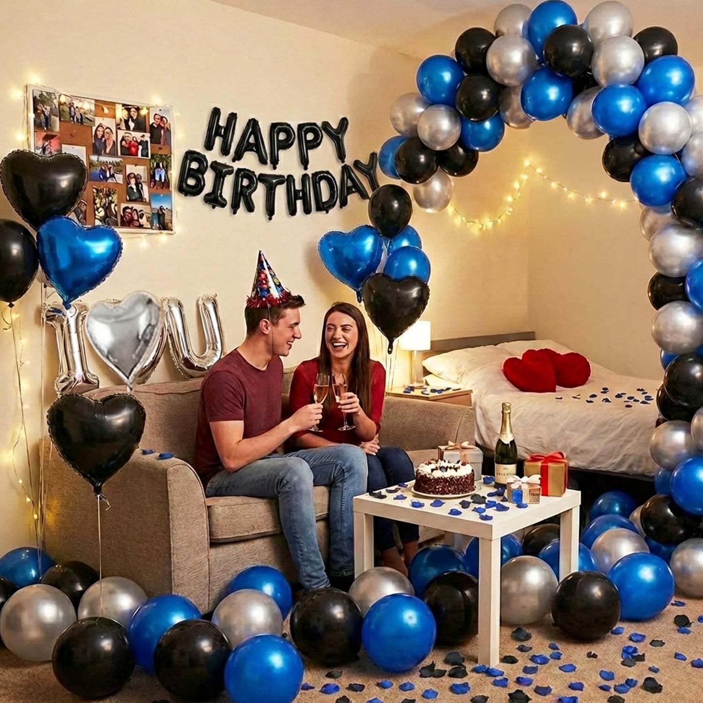 Blue Black Silver Balloons with I LOVE YOU & HAPPY BIRTHDAY Foil Balloons & Rose Petals for Romantic Special Night, Anniversary, Valentine Day, Birthday Decorations for Him, Bedroom, Hotel Room