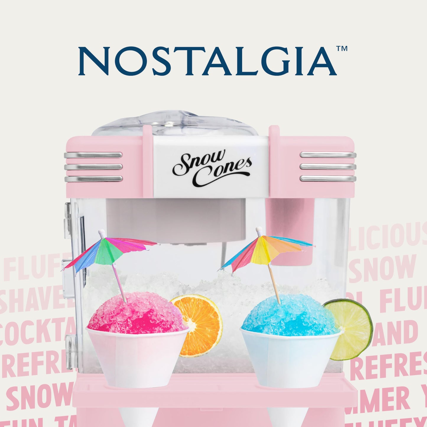 Nostalgia Retro Snow Cone Maker – Countertop 5-qt Shaved Ice Machine – Stainless Steel Blades – Includes 2 Reusable Cups, Ice Scoop, & Sid Shelf – Pink