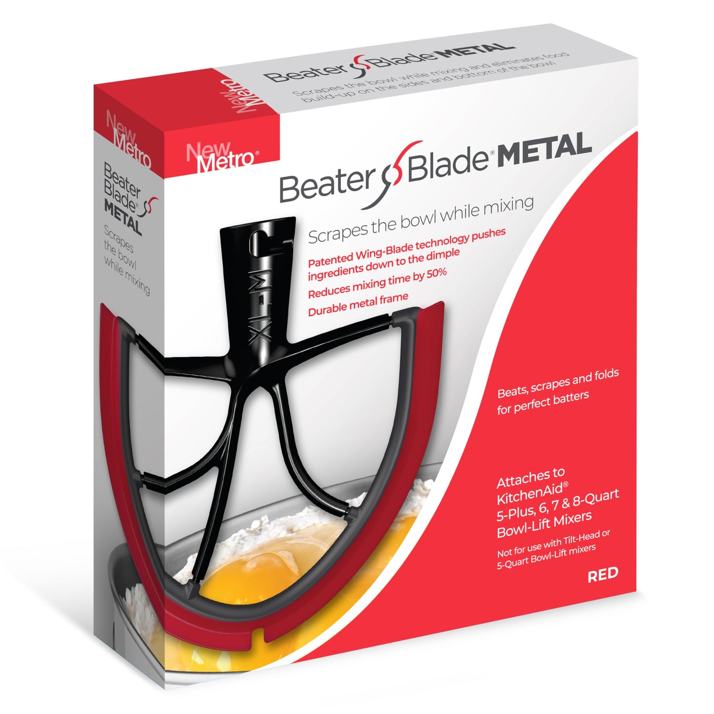 New Metro Design XL-MAX Large Metal Beater Blade, works with KitchenAid 5+, 6, 7, 8-Quart Stand Mixers, Red