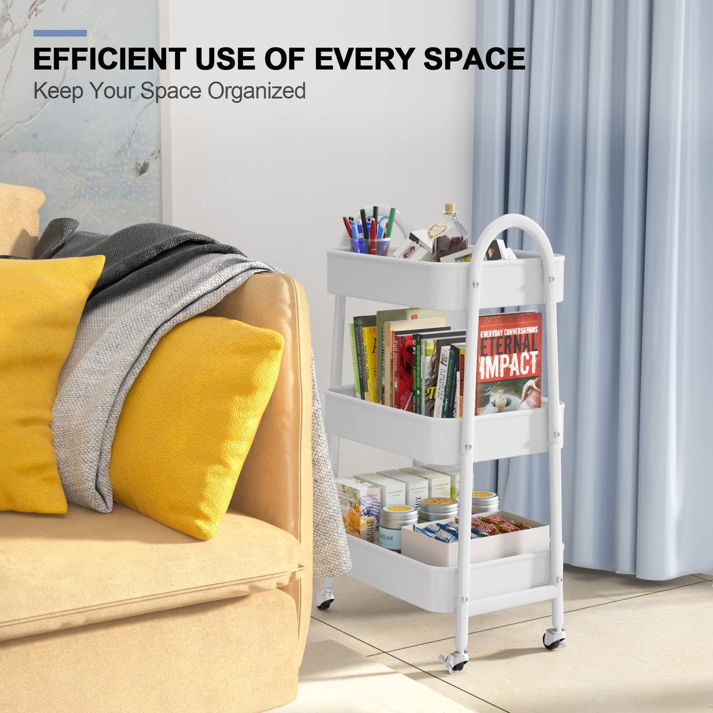 EAGMAK 3 Tier Utility Rolling Cart, Metal Storage Cart with Handle and Lockable Wheels, Multifunctional Storage Organizer Trolley with Mesh Baskets for Kitchen, Living Room, Office, Garage (White)