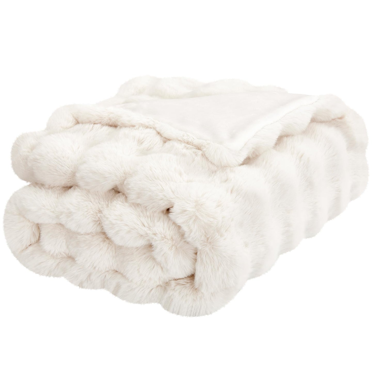 JONIYEAR Soft Fuzzy Bubble Faux Rabbit Fur Throw Blanket for Couch Chair 50" x 60", Reversible Textured Thick Warm Fluffy Blanket for Winter, Luxury Cozy Puffy Shaggy Comfy Furry Blankets, Cream White
