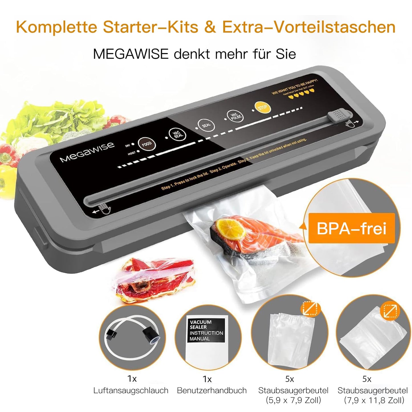 MegaWise Food Vacuum Sealer Machine – High-Power 80kPa Suction, One-Touch Operation, Built-in Cutter – Works with All Food Types, Includes Bags & Hose (Black), Keeps Food Fresh 5x Longer