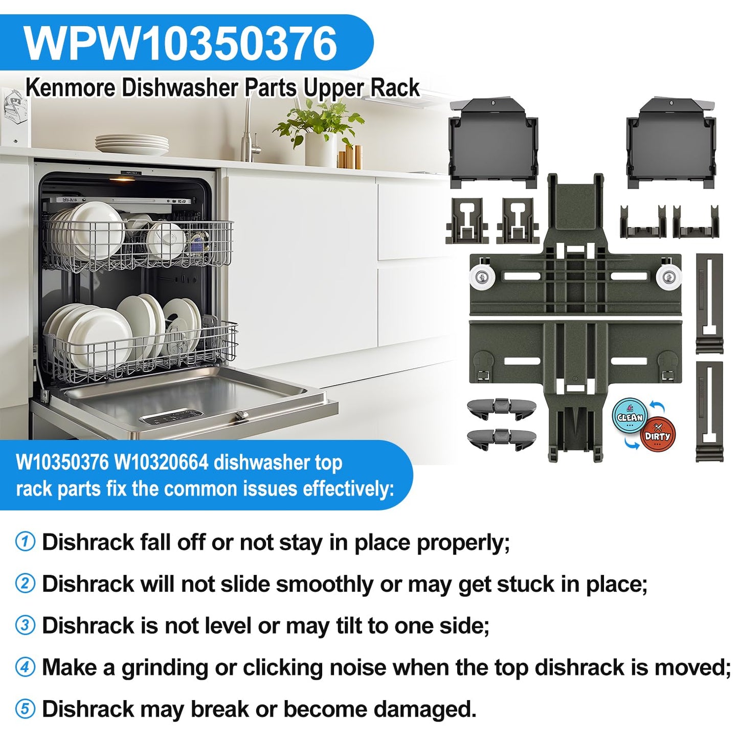 (12PCS) Upgraded W10350376 W10350374 Dishwasher Top Rack Parts & W10320664 W10320665 Dishwasher Adjuster Housing for Kenmore/Kitchenaid Dishwasher Upper Rack Parts W10195840,KUDE20FXSS4 Rack Adjuster