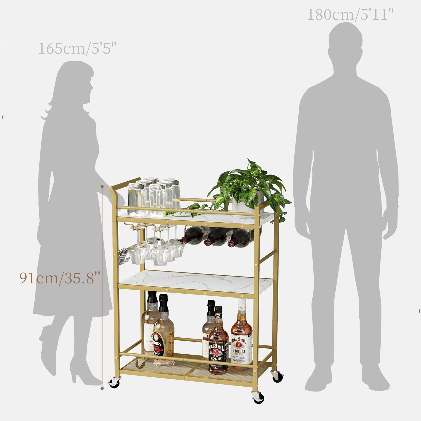 YAUKTAK 3 Tier Bar Cart, Small Beverage Cart, Mini Bar Cart with Wine Rack, Compact Mini Bar Cart - Please Refer to the Exact Dimensions for Usage Matching Dimensions: 22" W × 13" D × 35.8" H GBC507G
