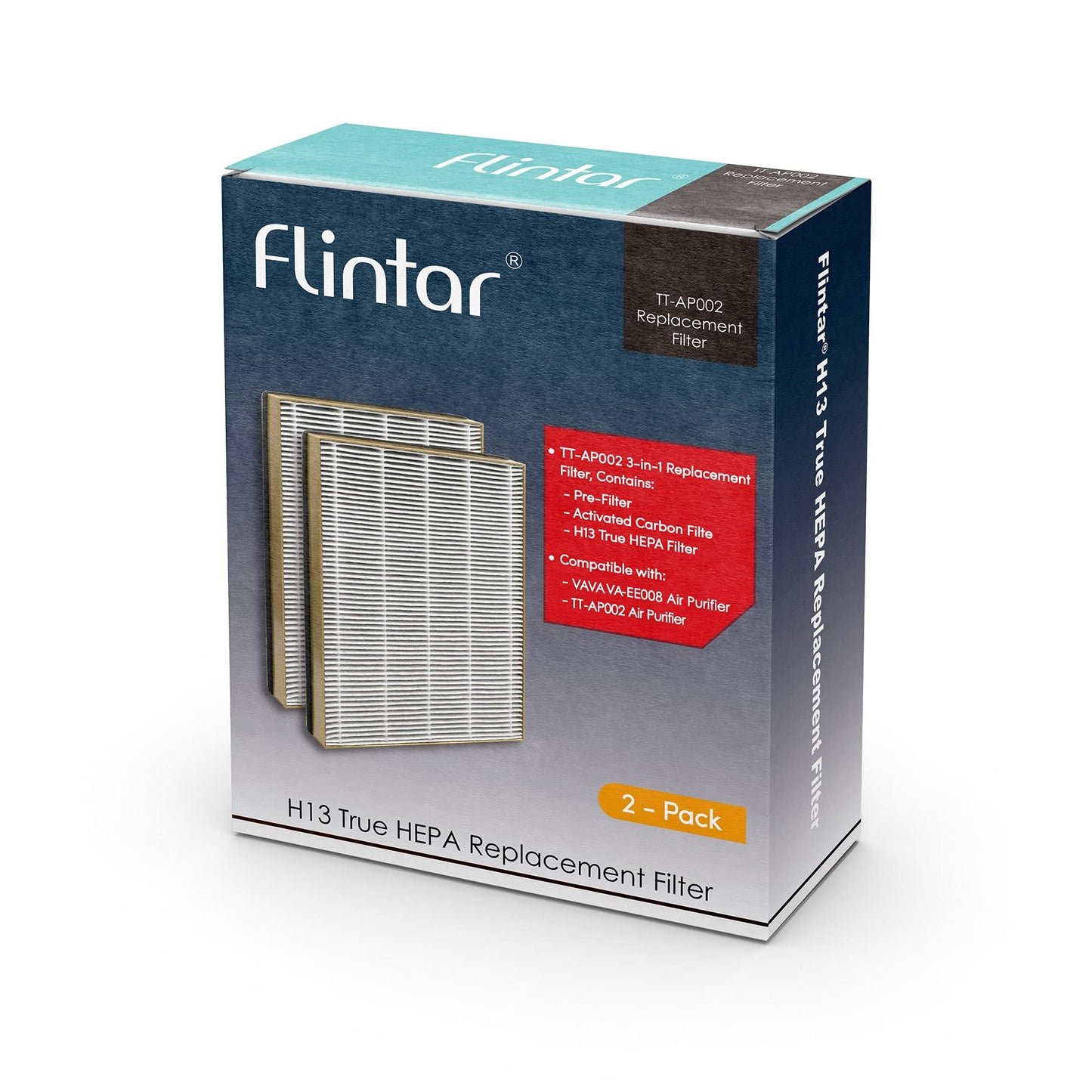 Flintar TT-AP002 Replacement Filter, Compatible with Tao Tronics TT-AP002 Air Purifier and VAVA VA-EE008 Air Purifier, 3-in-1 H13 Grade Air Filter, 2-Pack