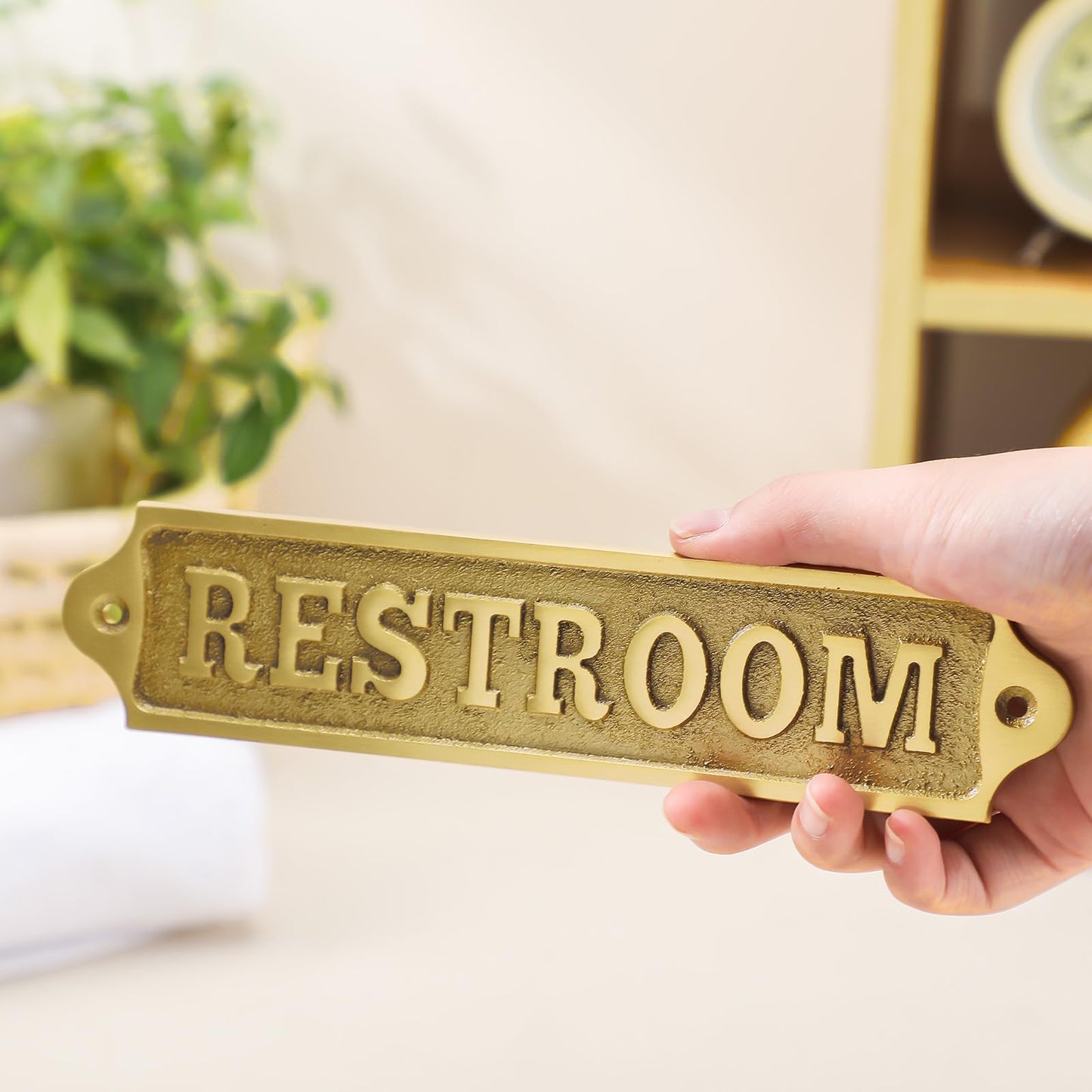 AceOrbit 8.5 x 2 Inch Restroom Sign Solid Brass Metal Door Sign with Mounting Hardware Antique Finish Easy DIY Installation Home Decor for Gents, Ladies, Office, Laundry, Restroom, Pull, Parking