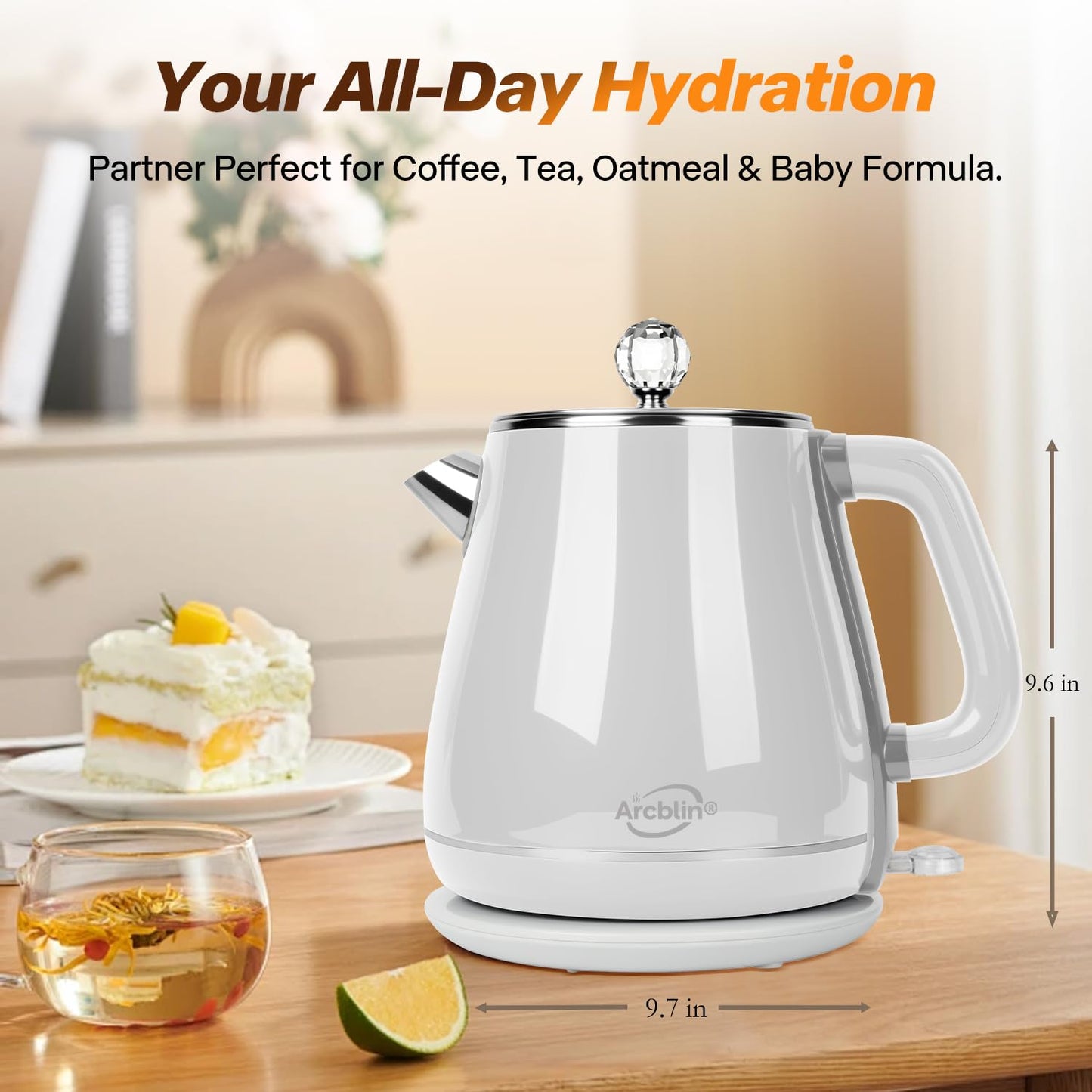 Retro Electric Kettle 1.8L, All Stainless Steel Hot Water Electric Kettle for Boiling Water, 1350W BPA Free Tea Kettle, Electric Tea Kettles Automatic Shut Off, Boil-Dry Protection,Pearl White