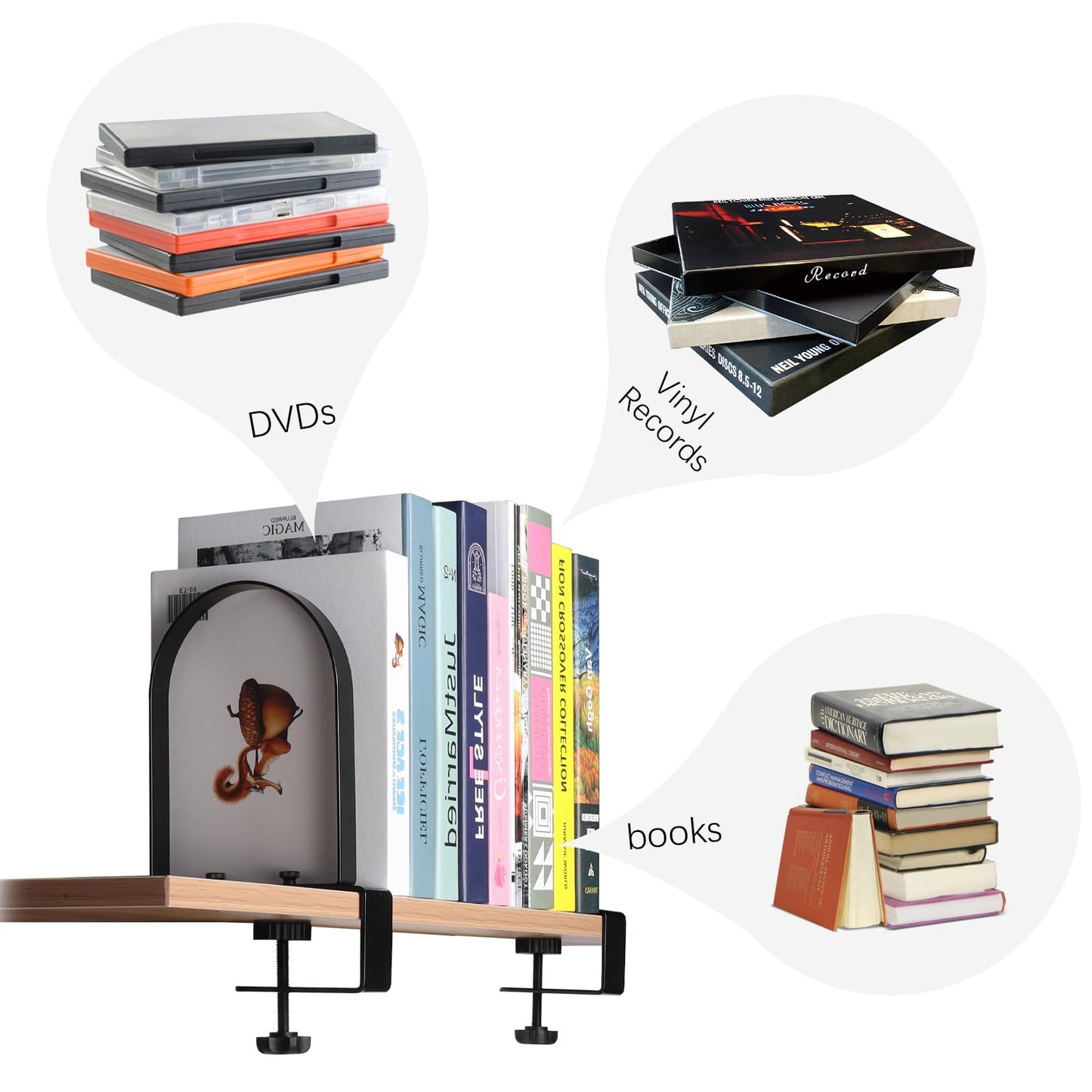 WOMACO Book Ends for Heavy Books, Heavy Duty Bookend for Shelves, Super Steady Clamp-On Non-Skid Metal Book Shelves Holders Stoppers for CDs, Vinyl Records (Black, 2 Pairs)