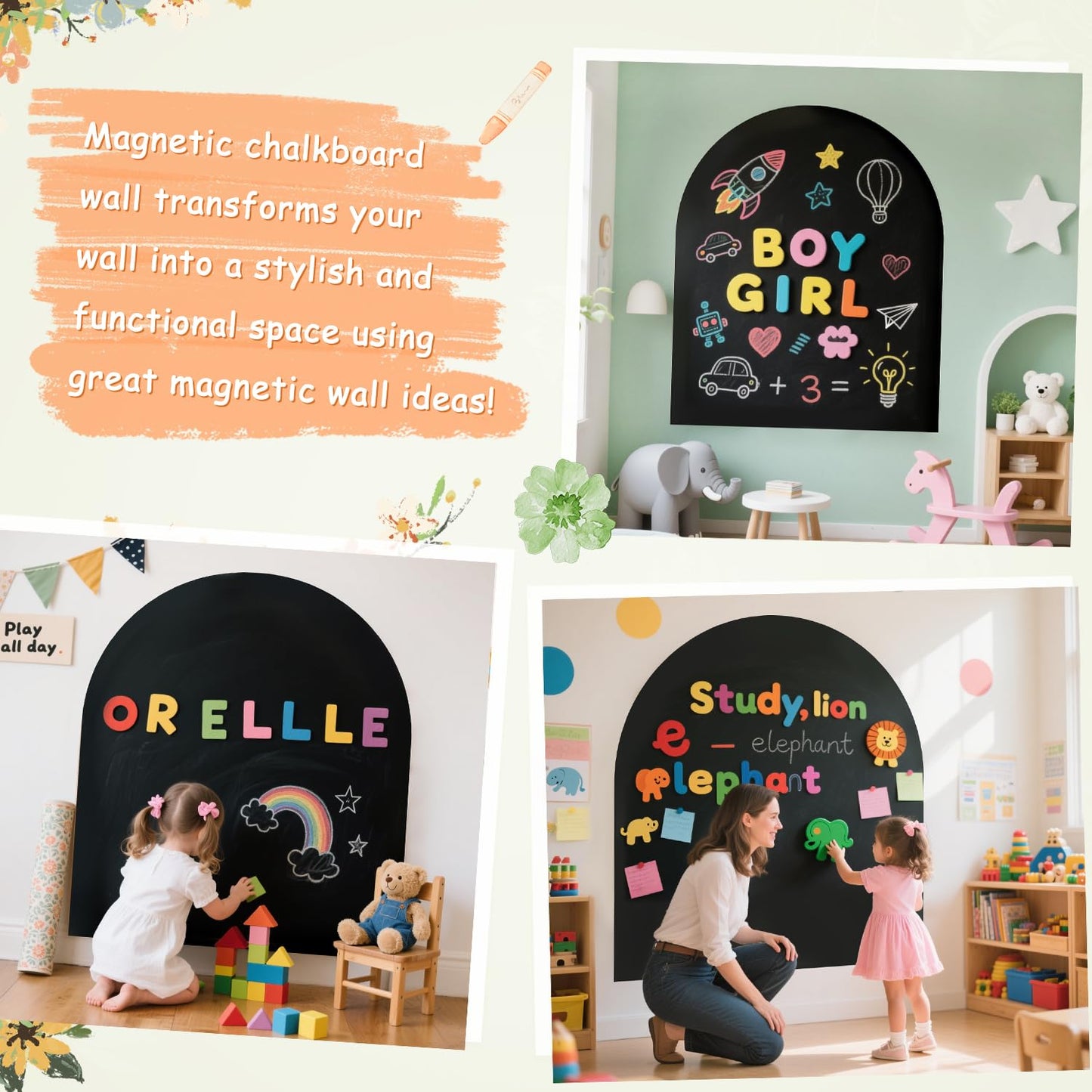 OMKSIH Magnetic Wall Decal 40x32 Inches Black Magnetic Wall Decal Arch Chalkboard with Multiple Accessories for Home Playroom