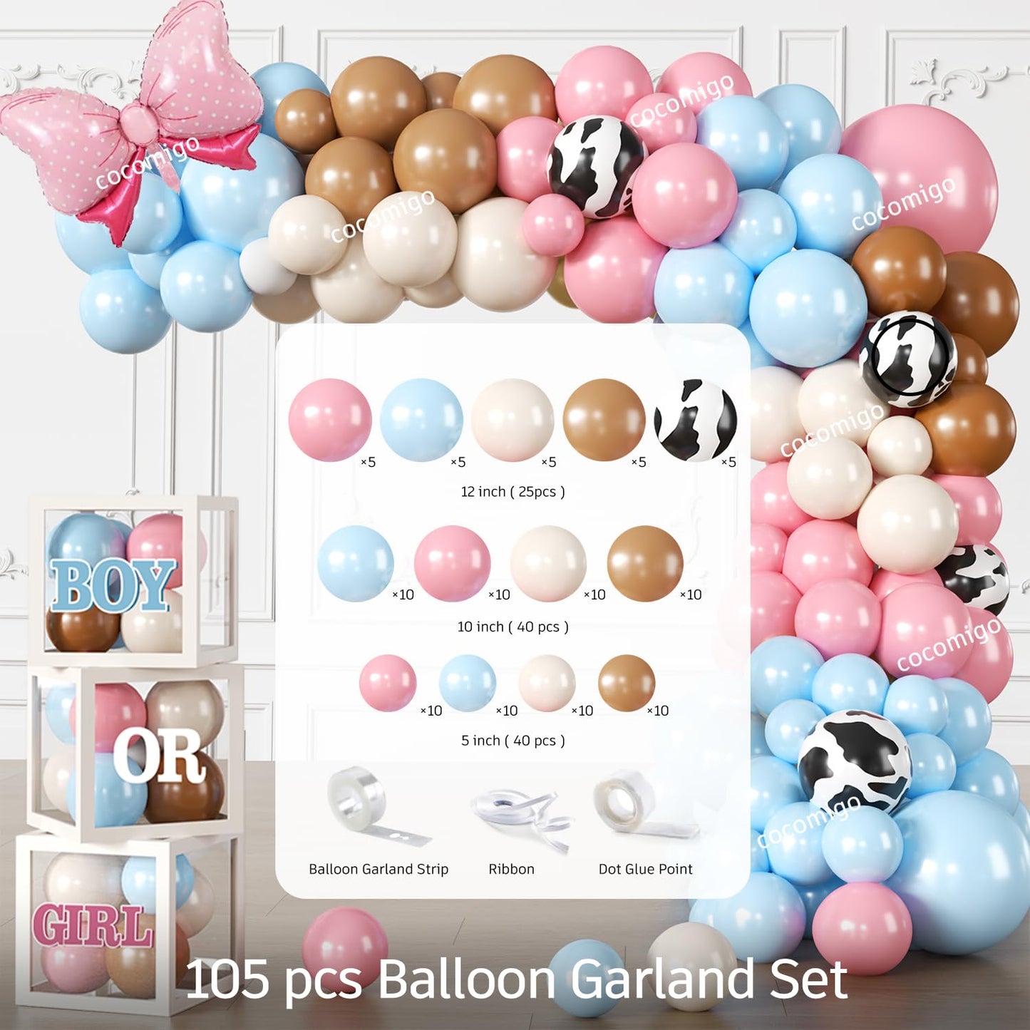 Cocomigo 299 Pcs Boots or Bows Gender Reveal Decorations, Complete Party Set Serves 25, Boots and Bows Gender Reveal Decorations with Plates, Tablecloths, Balloons, and Stickers