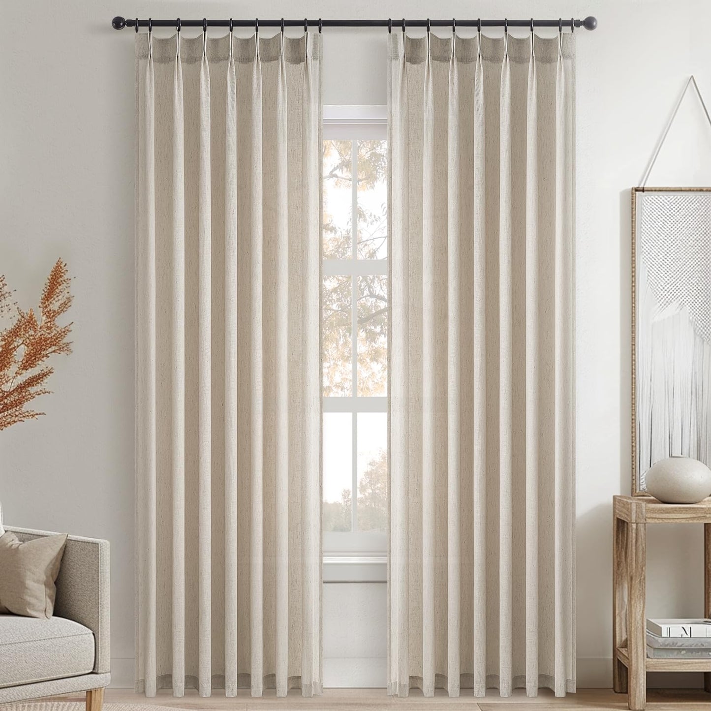 96 Inches Long Pleated Sheer Curtains,Oatmeal Linen Blended Light Filtering Window Curtains 96 Length 2 Panels for Living Room Bedroom Pinch Pleat Drapes with Hooks 2 Panels 40" Wx96 L,Light Camel