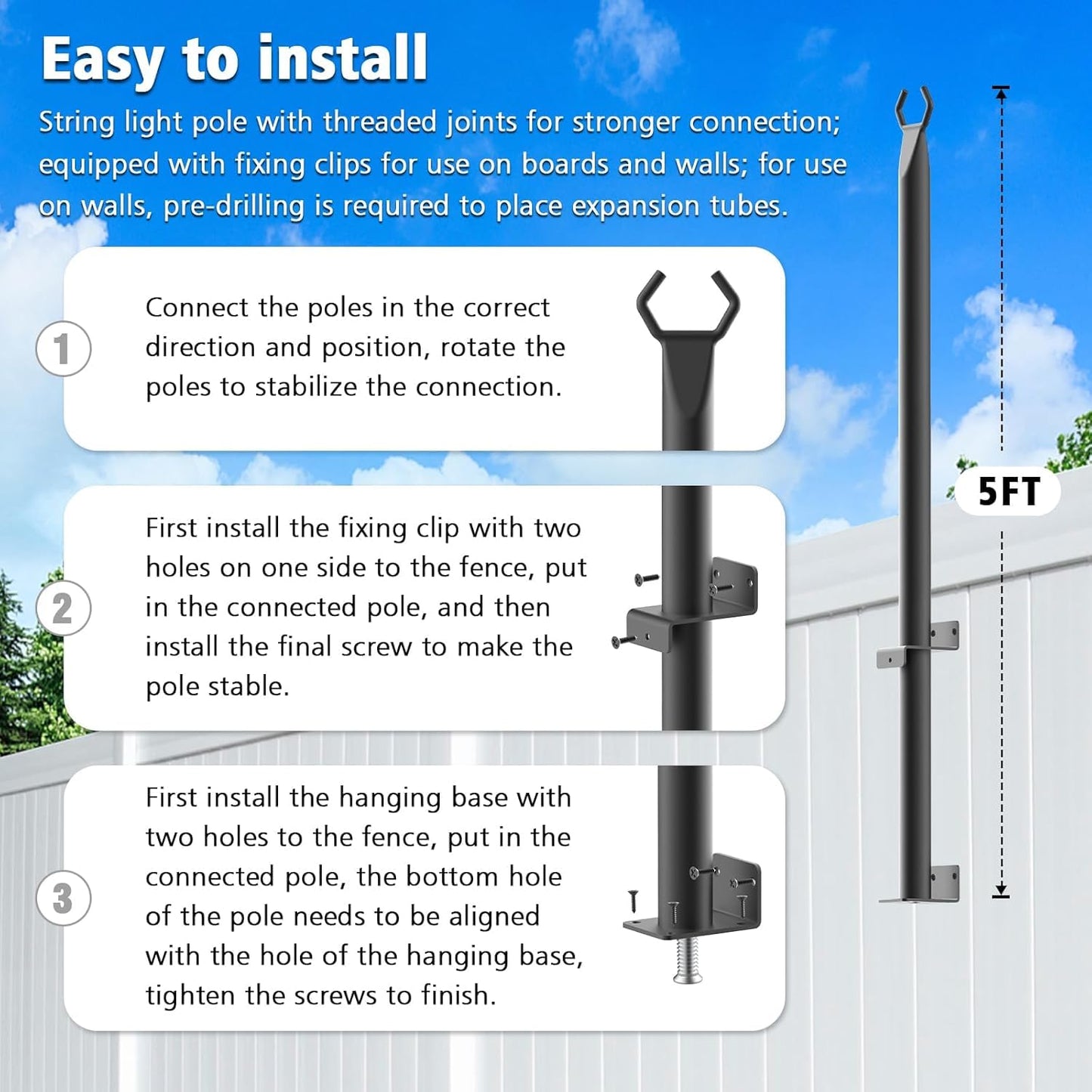 AHRLHR 6 Pack 5 Ft String Light Poles, String Light Poles for Outside with Fixing Clips,Metal Poles for Outdoor String Lights, Hanging Light Poles for Deck Fence Garden Backyard Wall Bistro