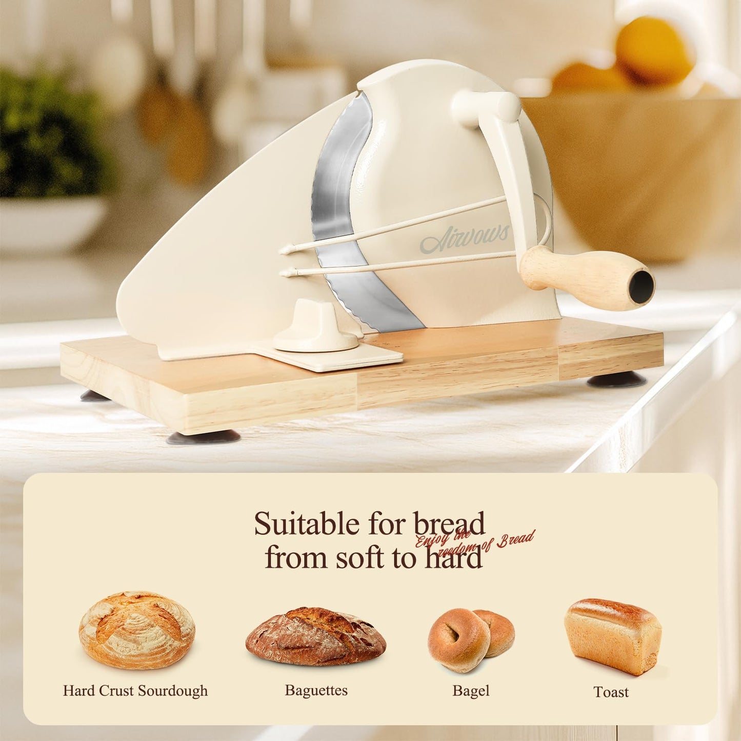 Manual Bread Slicer for Homemade Bread,Even Slicing Thickness-Adjustable Slices,Sourdough Slicer with Scale Lines&SuperStrong SuctionCup Fixation (Cream-Guide)