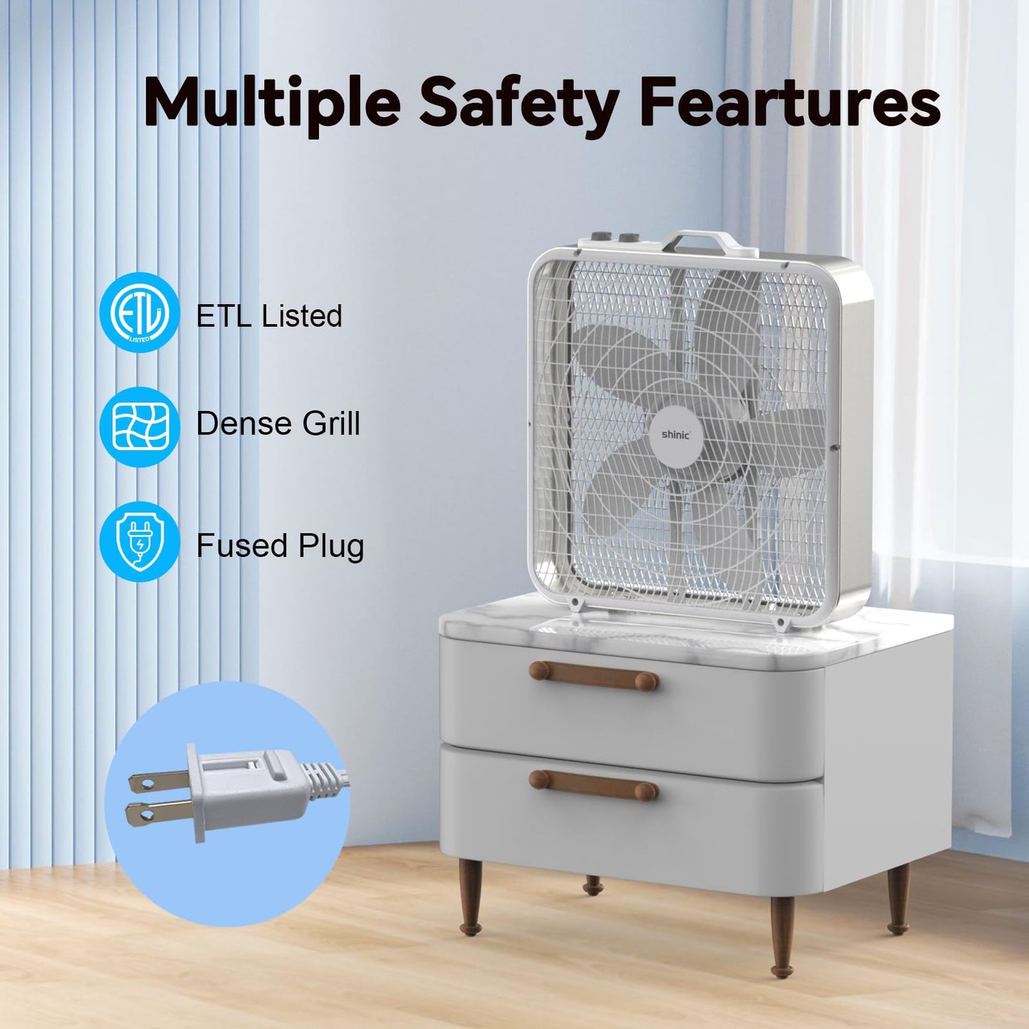 shinic 20” Box Fan with Thermostat for Bedroom, 3-Speed Portable Floor Fan with Carry Handle, Powerful Airflow, 5 Blades, Window Fan and Cooling Fan for Home, Office, Garage, Basement, White
