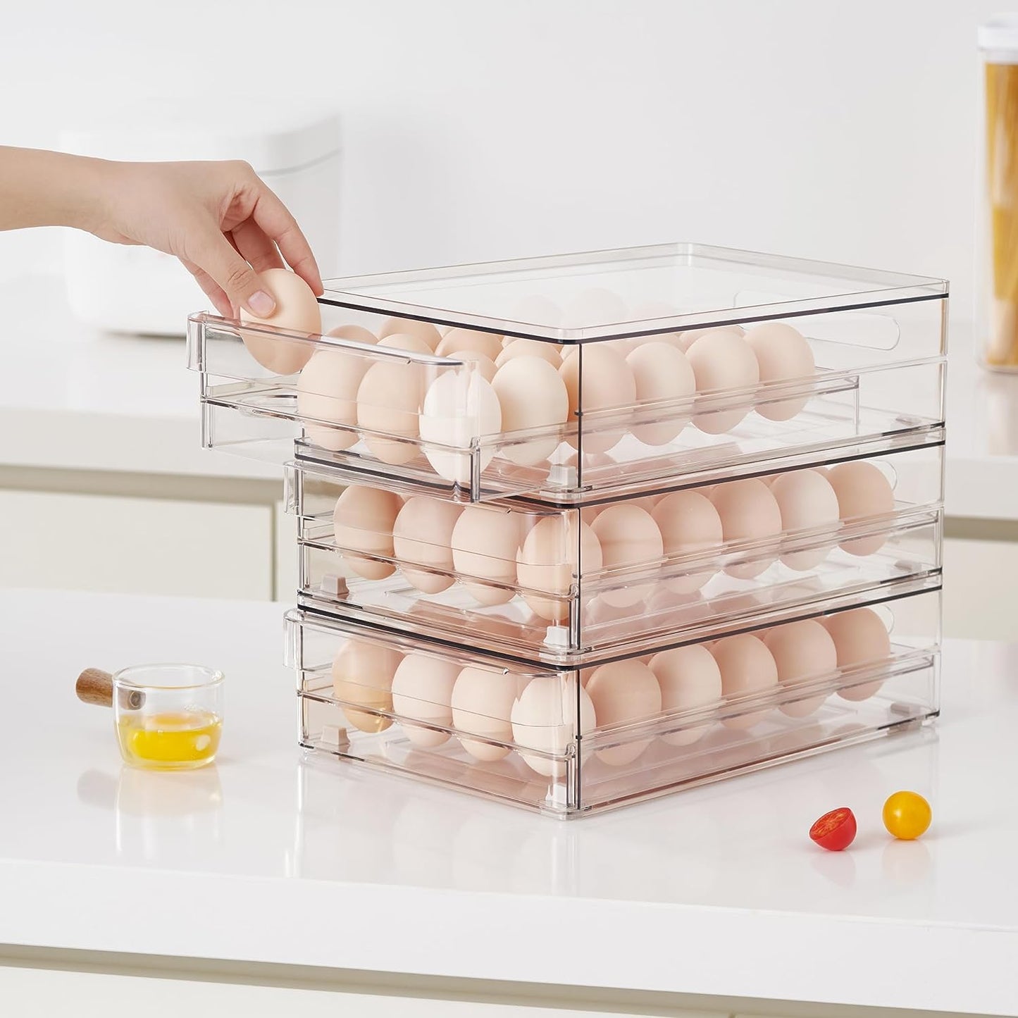 vacane Egg Holder for Refrigerator, 48 Capacity Clear Egg Storage Drawer with Non-Slip Pads, Stackable BPA-Free Egg Organizer Tray for Fridge