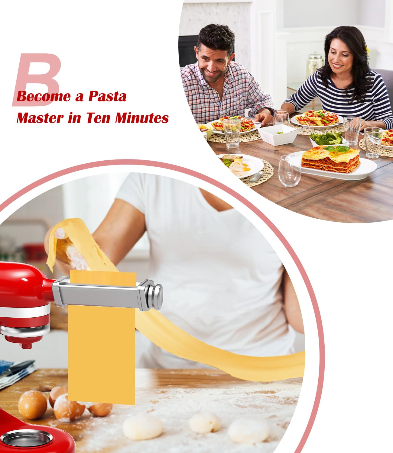 Pasta Roller Attachment for KitchenAid Stand Mixer, Stainless Steel Pasta Maker for Pasta, Ravioli, Noodle Dough Sheet Roller with 8 Adjustable Thickness Knob