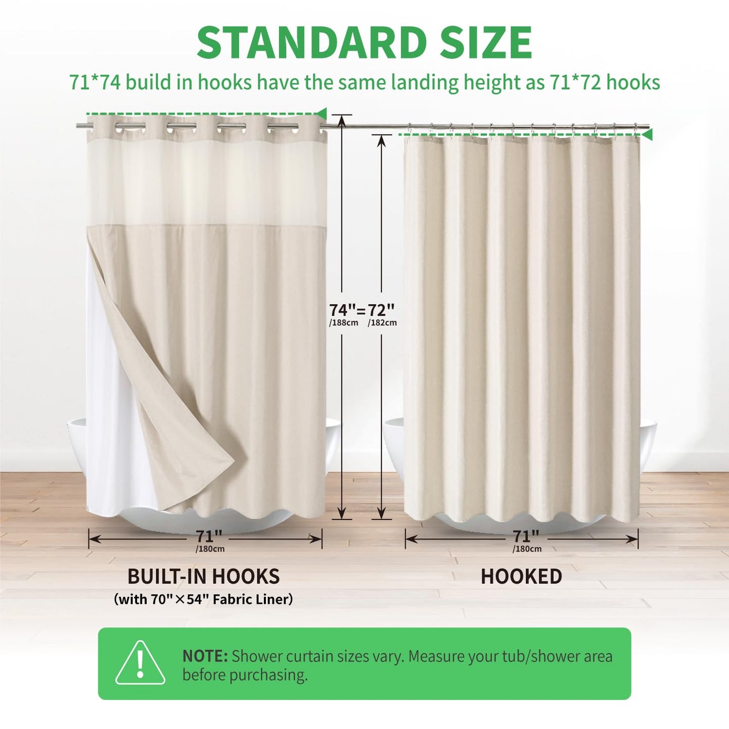Eachope No Hooks Polyester Textured Shower Curtain with Snap-in Fabric Liner Set, Hotel Luxury Decor Shower Curtains for Bathroom with See Through Top Window, Waterproof & Washable, 71Wx74H, Cream