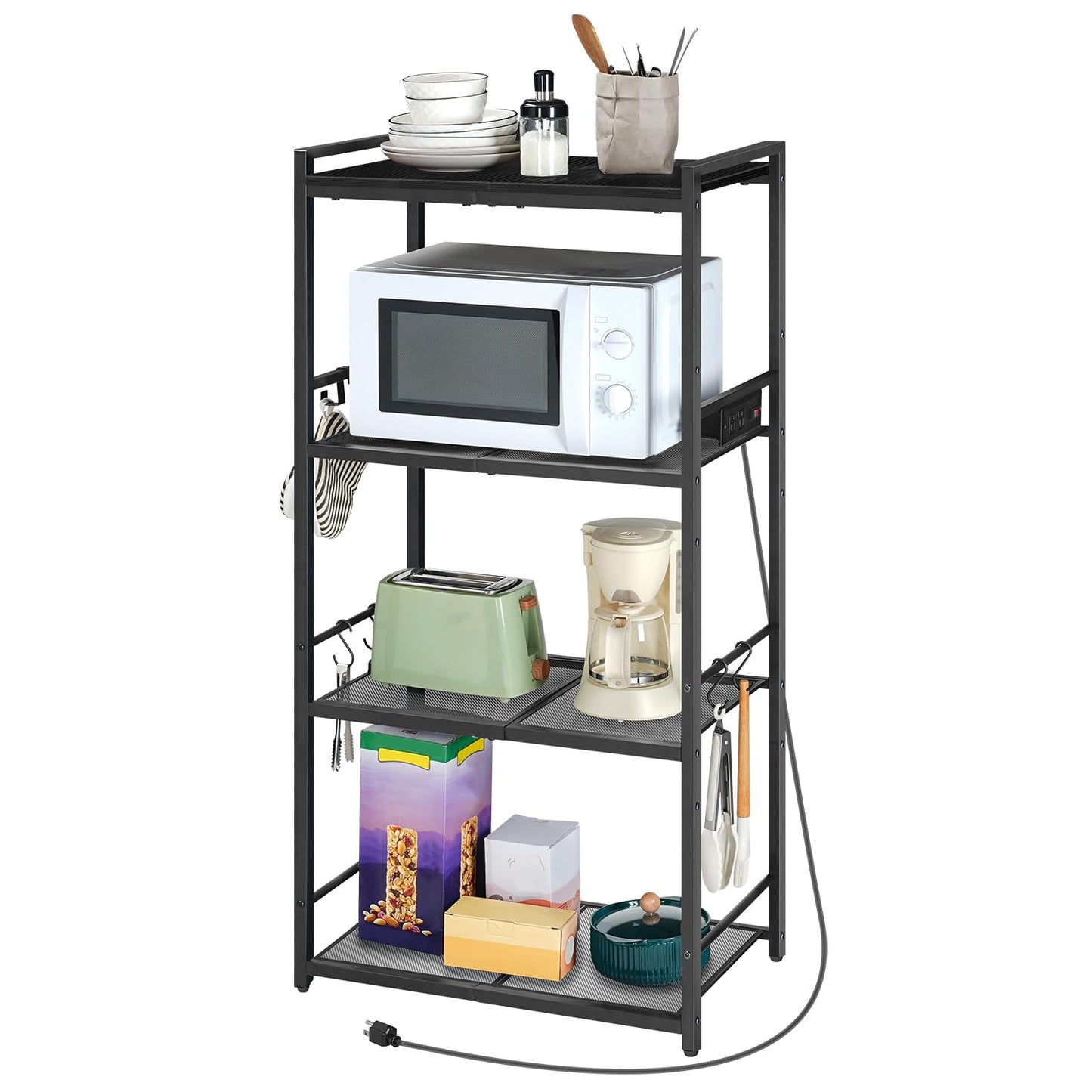 MAHANCRIS Bakers Rack with Power Outlet, Microwave Stand with Hooks, Multifunctional Storage Rack, Coffee Bar with Enclosure, Kitchen Storage Shelf, for Kitchen, Dining Room, Black BRHB40E01