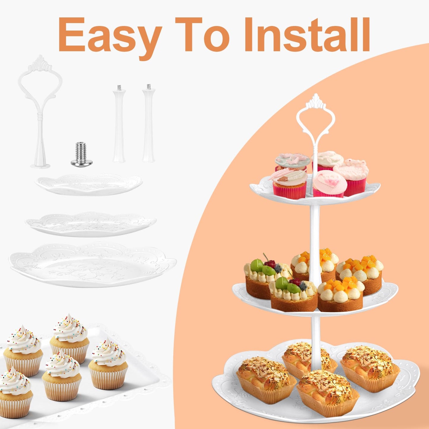 10 Pcs Cake Stand White Plastic Dessert Table Display Set 4 Pcs 3 Tired Cupcake Stand Cookie Tray Rack Serving Tray Cake Display Tower and 6 Pcs Dessert Trays for Wedding Baby Shower Tea Party