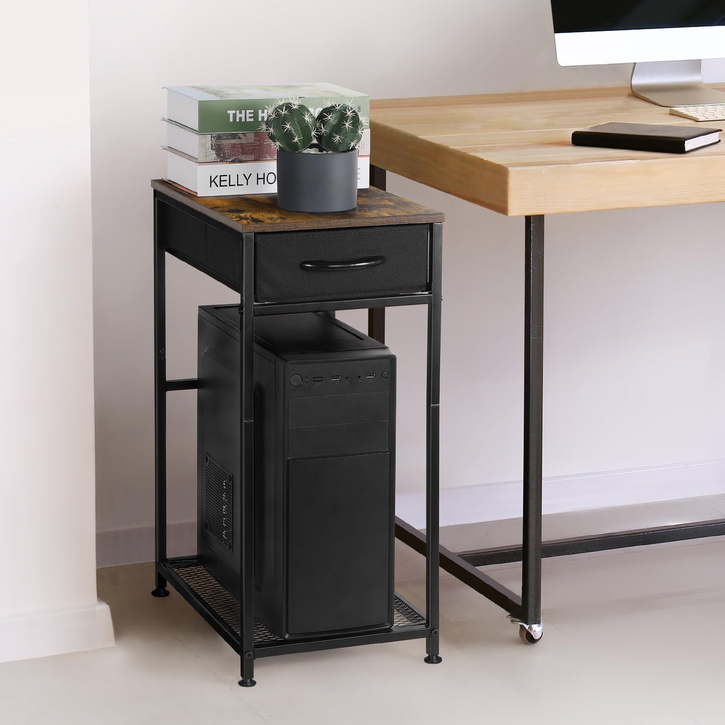 YBING Computer Tower Stand PC Tower Stand with Storage Drawer Mobile CPU Holder Stand with Caster Wheels 2 Tier Rolling Computer Tower Cart for Home Office Fax, Rustic Brown