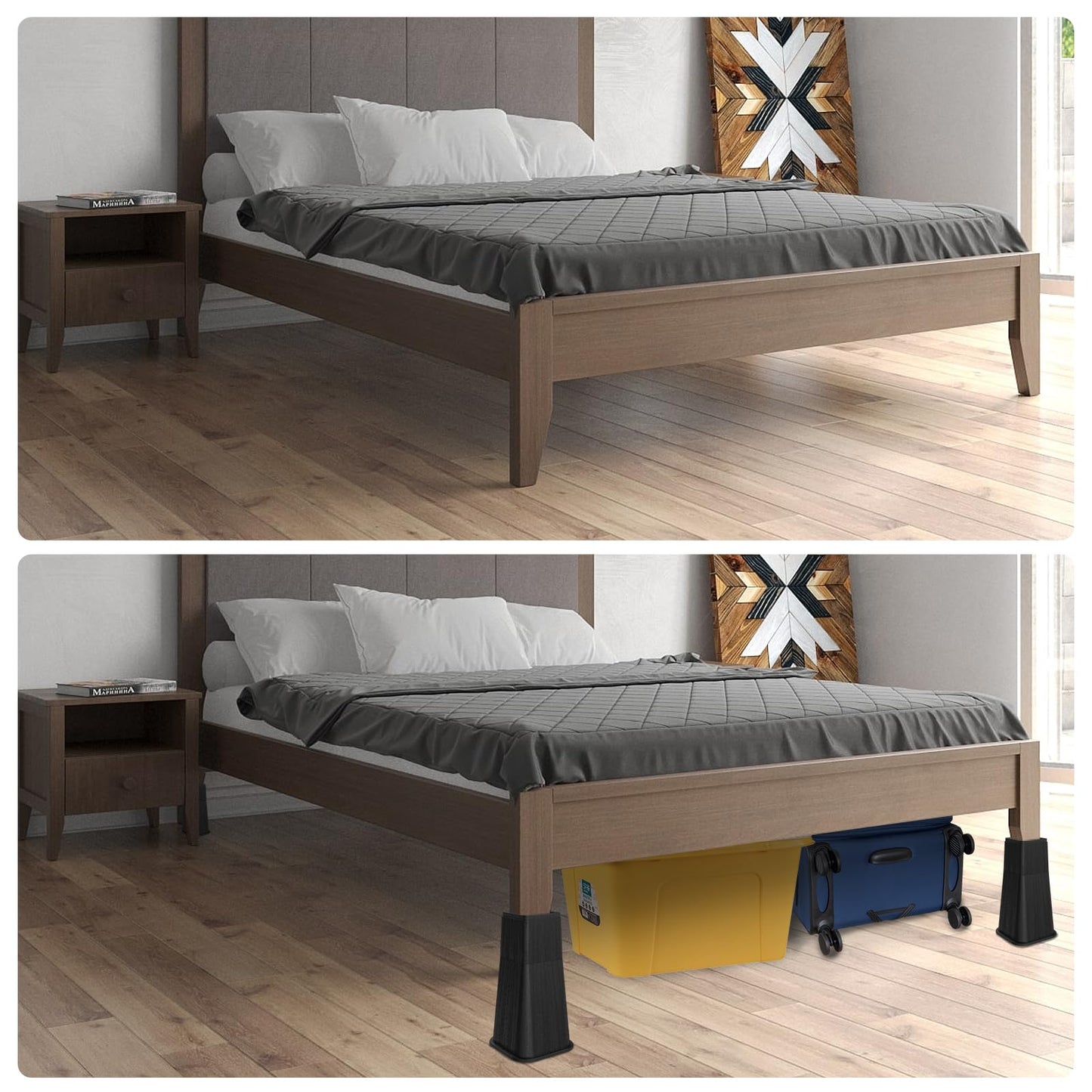 MYMULIKE Bed Risers 12 Inch Heavy Duty, Stackable Furniture Risers Lifts 4inch 8inch, 12inch for Table, Desk Leg, Sofa, Couch, Supports Up to 6,000 Lbs, Black, 4 Pack