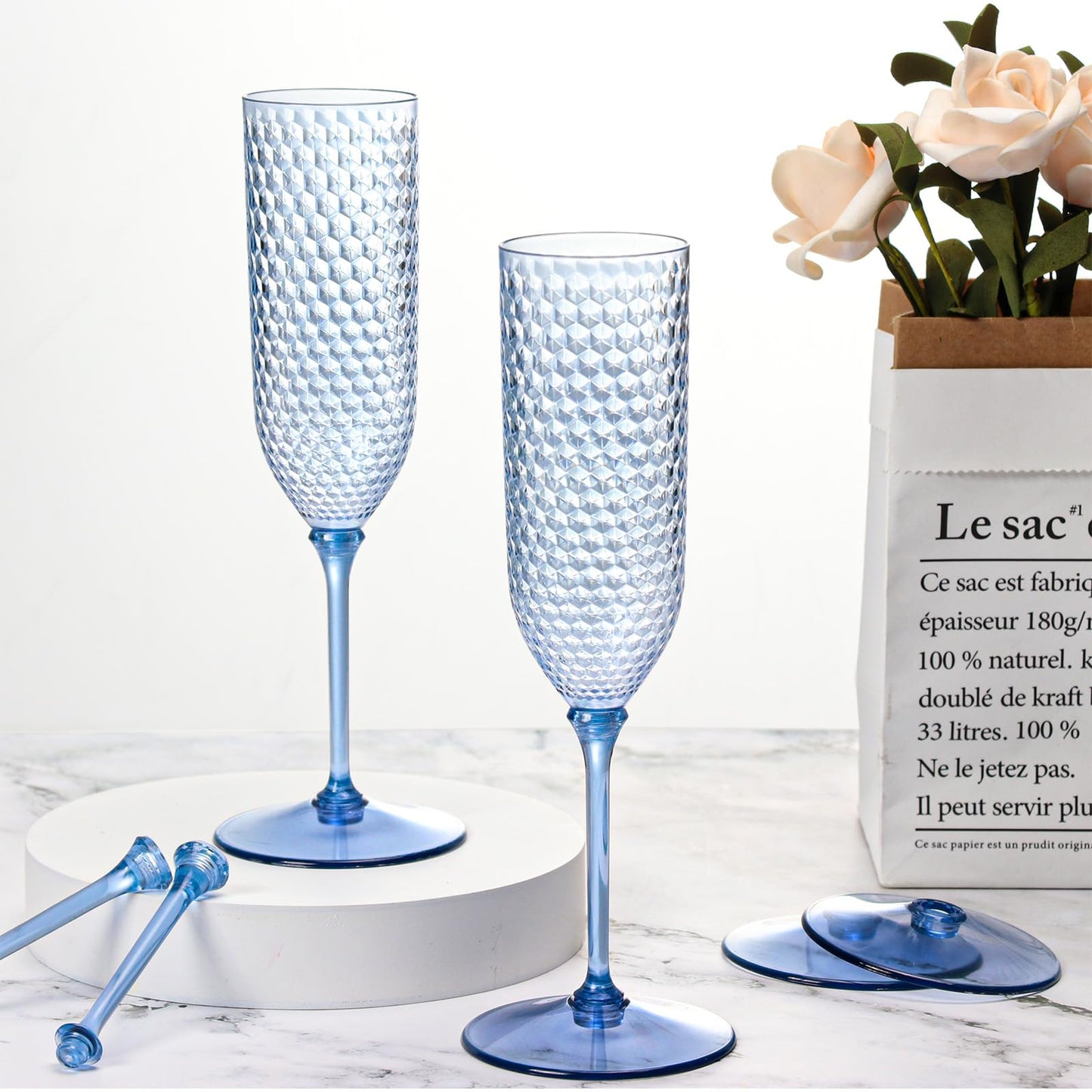 XUWAIDSGN 48 Pack Blue Detachable 2 piece Champagne Flutes 5.5 Oz Unbreakable Plastic Mimosa Disposable Champagne Glasses Drinking Cups Stemmed Reusable Wine Toasting Glasses for Wedding