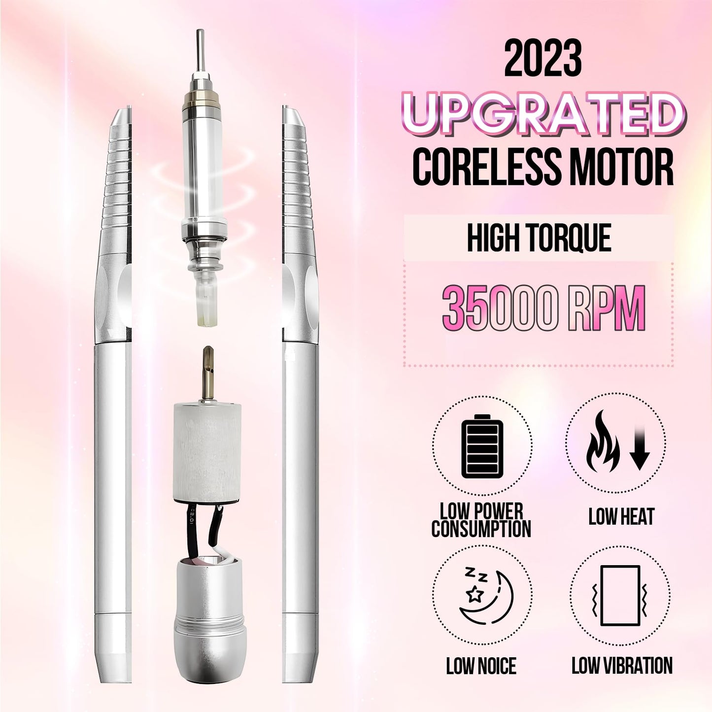 Makartt Professional Nail Drill, 35000RPM Rechargeable Efile with Coreless Motor, Nouvella Electric Nail Filer Machine for Acrylic Gel Removal with Drill Bits Set, Pink