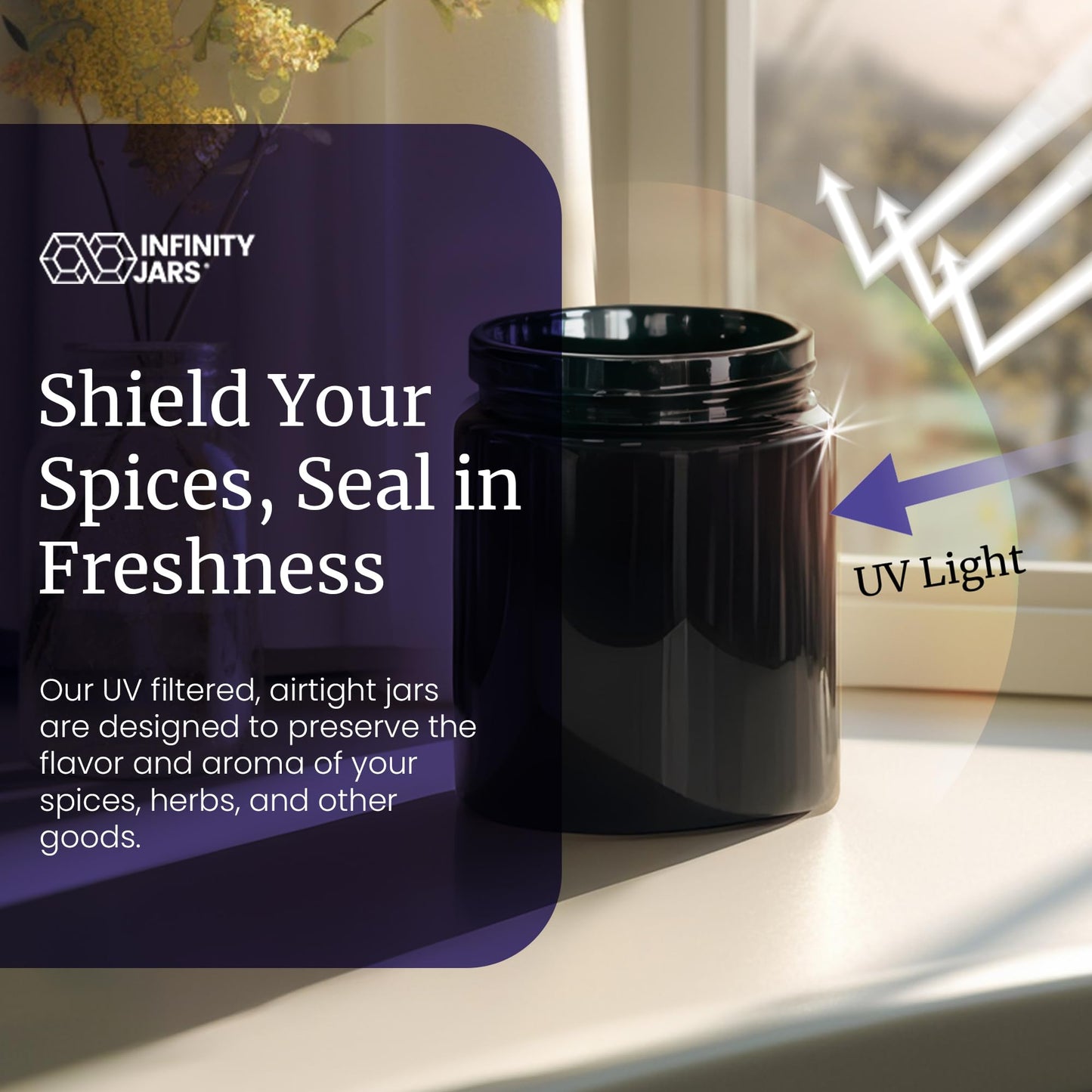 Infinity Jars, Premium Airtight Ultraviolet Glass Jar 250 ML (8.3 fl oz) Pack 3 Smell Proof, Antistatic, Light Blocking Container for Herbs, Coffee, Tea & Spices Durable, Travel-Friendly Storage
