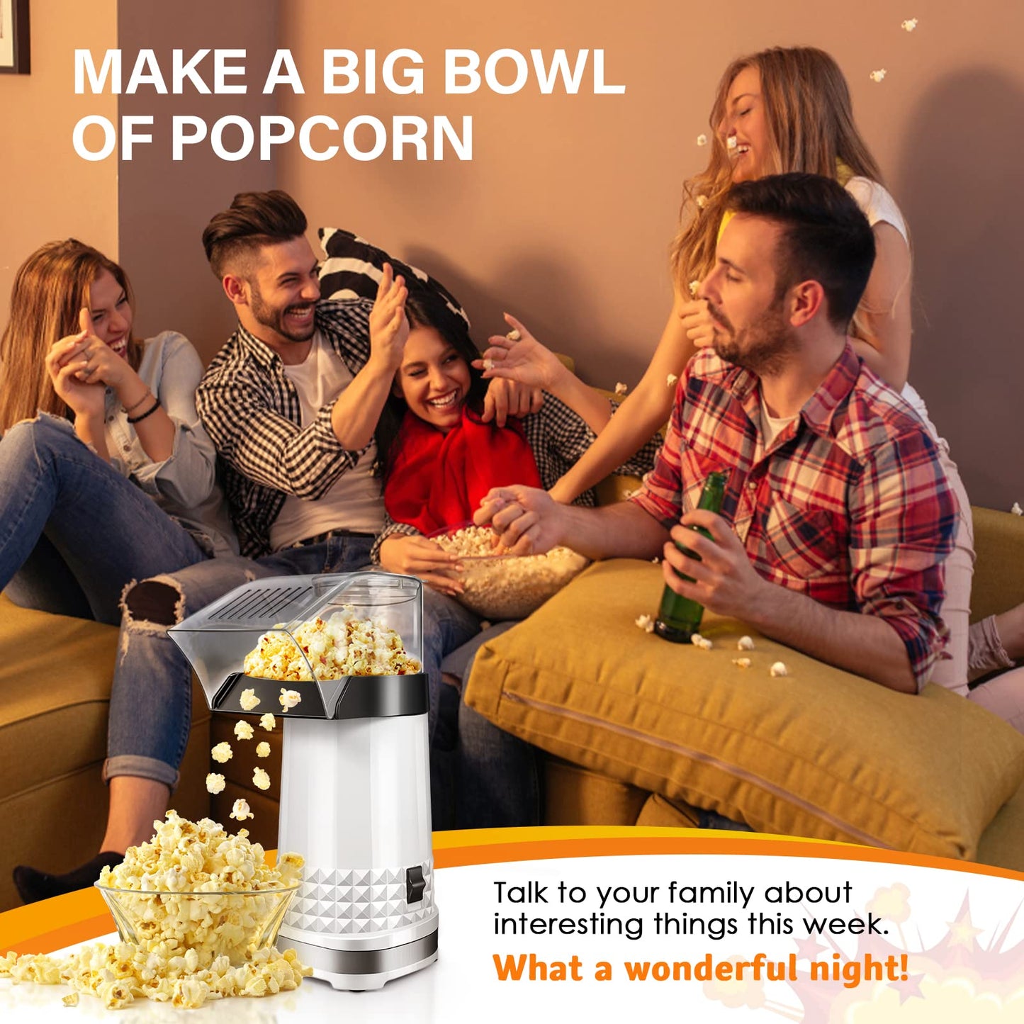 Oil-Free Popcorn Machine – Quick Popcorn in 2-3 Minutes, 4.5 Quart