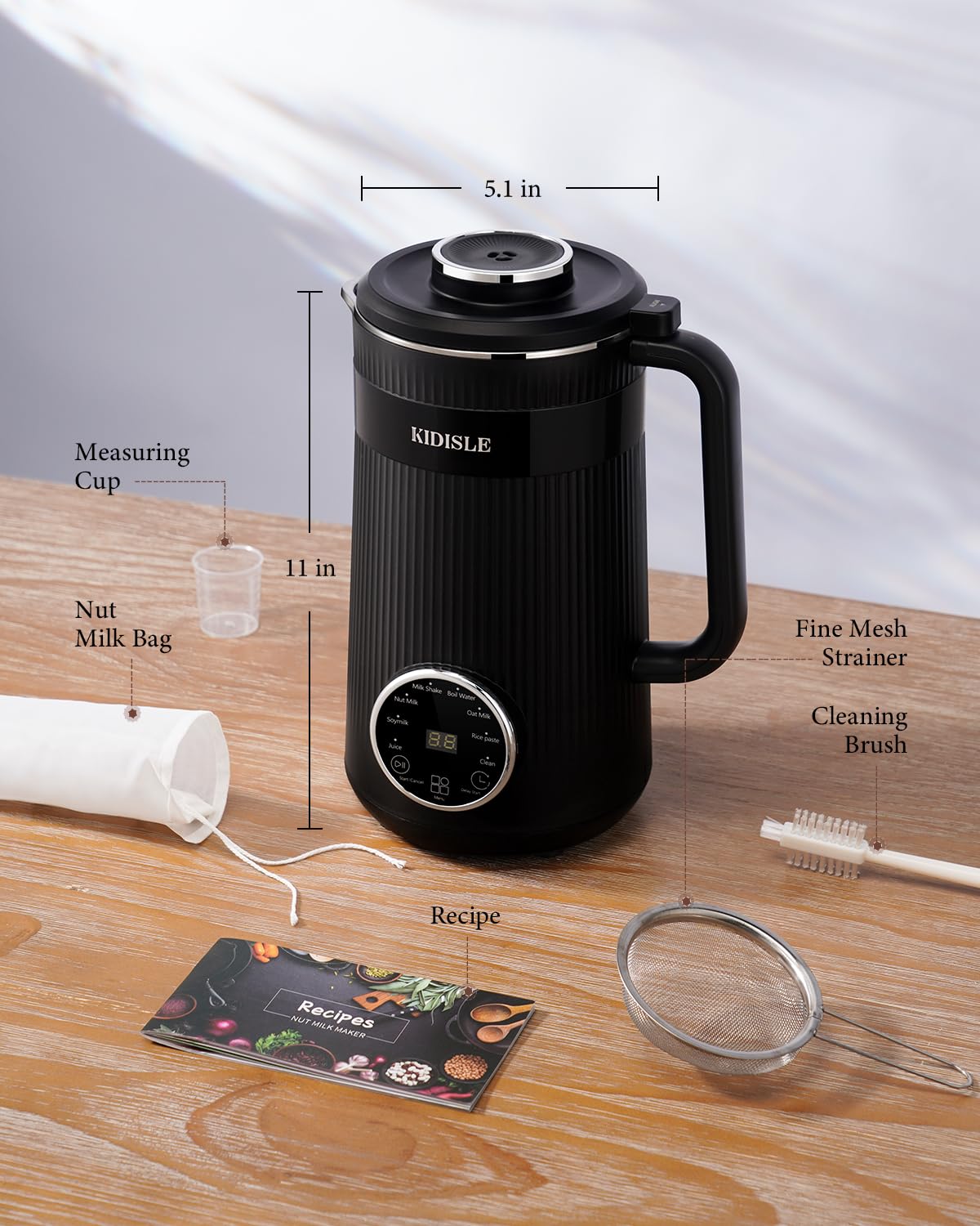 KIDISLE 32oz Automatic Soy Machine for Homemade Almond, Oat, Coconut, Soy, Plant Based Milks and Non Dairy Beverages with Delay Start/Keep Warm/Self-Cleaning/Boil Water, Black