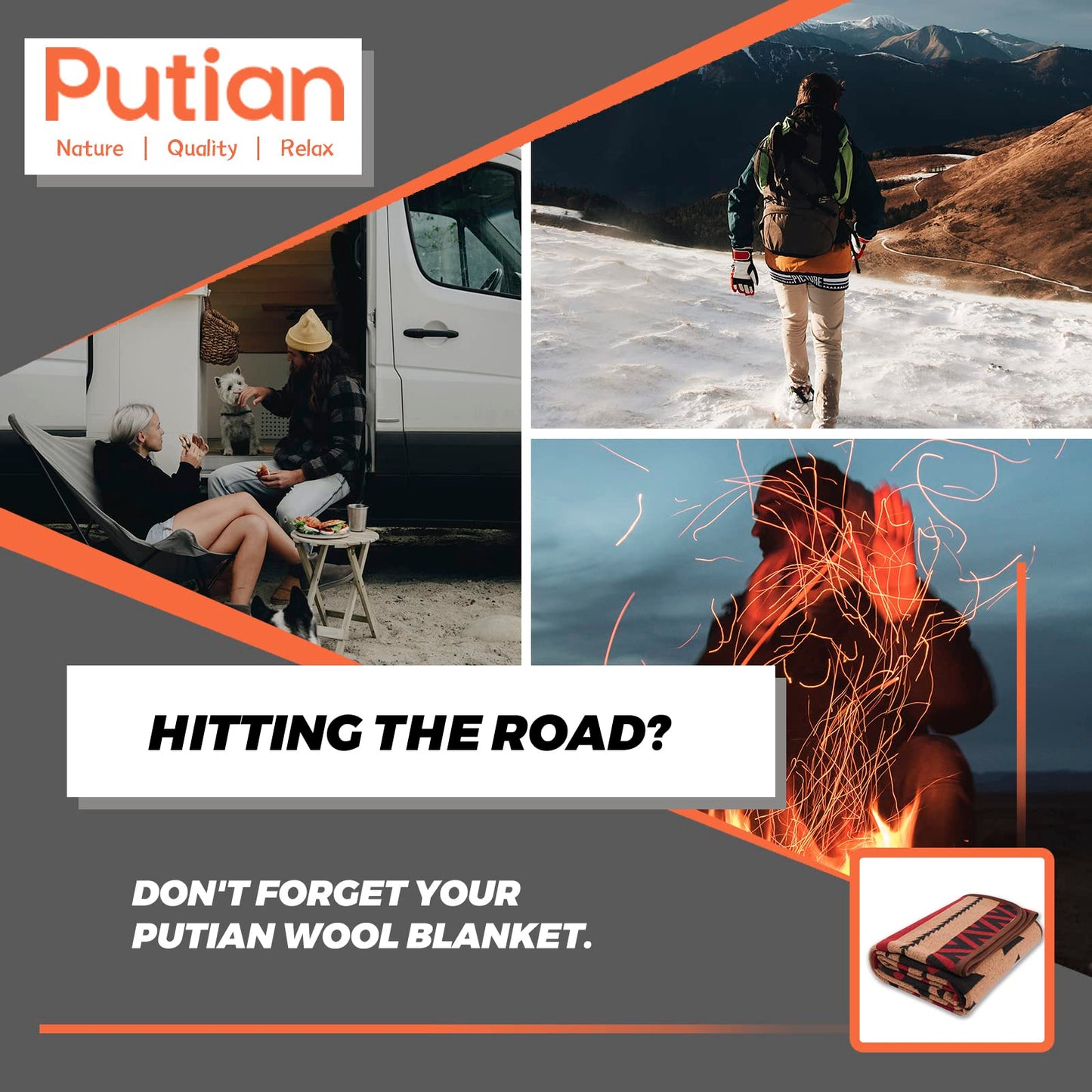 PuTian Merino Wool Blanket - Warm, Thick, Washable, 87" x 63" Large Throw for Outdoors, Camping, Couch, Bed, Travel - Super Soft Striped Fire Light Tan