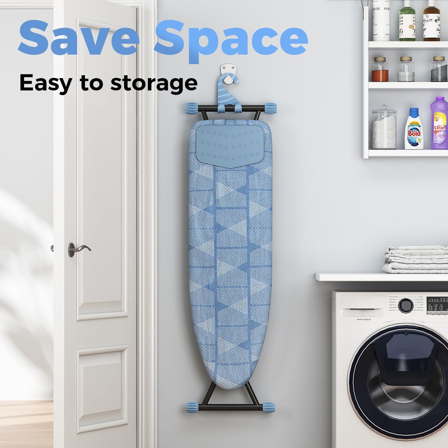 KINGBOARD Ironing Board, Compact Iron Board with Silicon Iron Mat, Heat Resistant Cover, 7 Height Adjustable, Foldable Ironing Board Wall Mount Hanger, 13x43 Blue