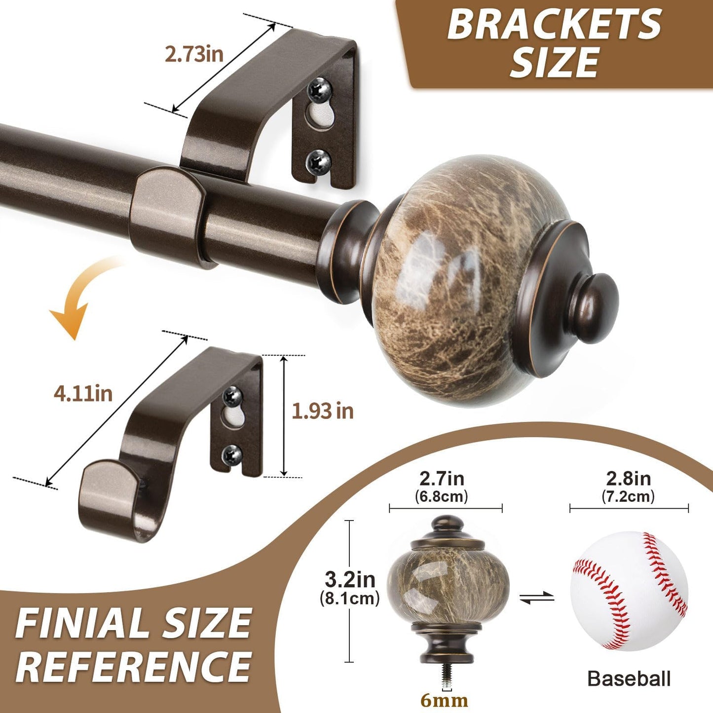 KAMANINA 1 Inch Curtain Rods for Windows 72 to 144 Inches (6-12ft) Bronze Heavy Duty Curtain Rod, Adjustable Long Drapery Rods with Marbled Finials